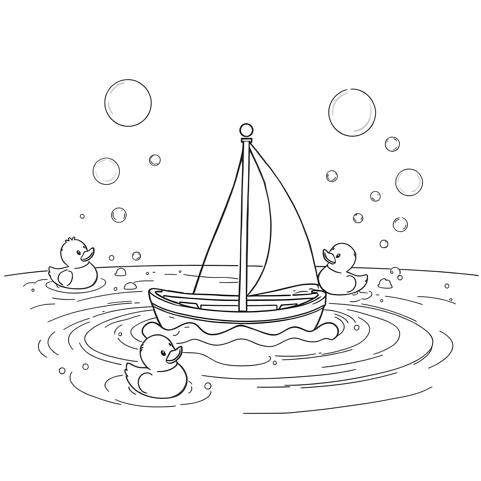 Sailboat floating with playful ducks in a pond Coloring Page (free black-and-white line drawing printable PDF for all, from beginners to advanced learners, including children, teens, adults, and seniors)