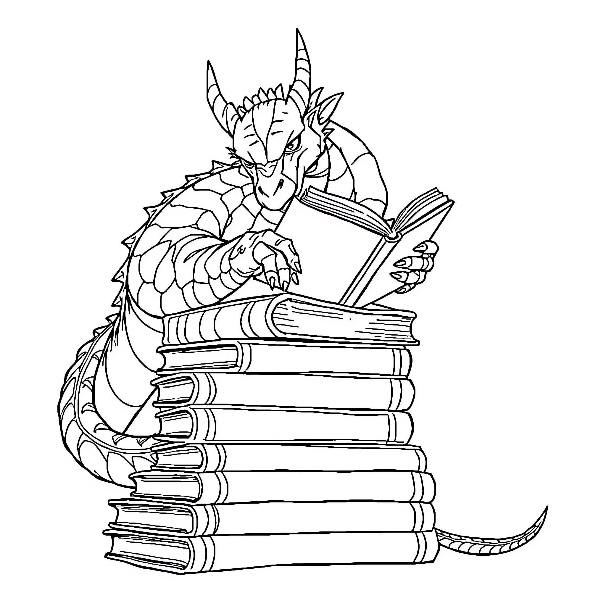 Dragon reading books on a stack of tomes Coloring Page (free black-and-white line drawing printable PDF for all, from beginners to advanced learners, including children, teens, adults, and seniors)
