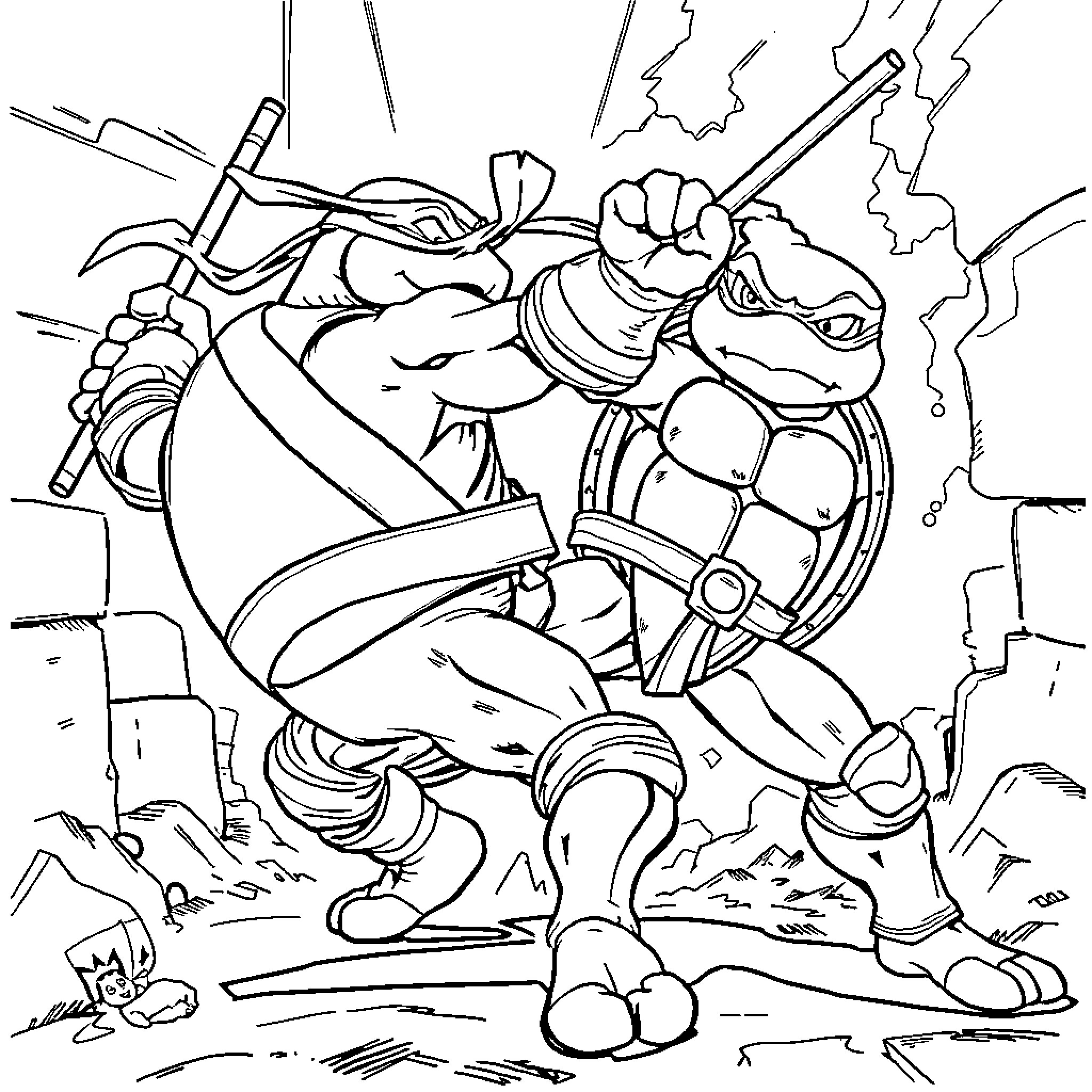 Leonardo's Fierce Battle with Dangerous Foes Coloring Page (free black-and-white line drawing printable PDF for all, from beginners to advanced learners, including children, teens, adults, and seniors)