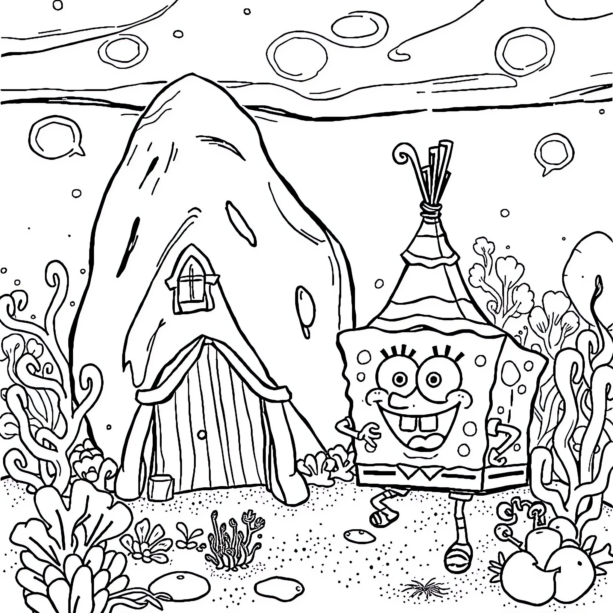 Spongebob in a magical underwater world Coloring Page (free black-and-white line drawing printable PDF for all, from beginners to advanced learners, including children, teens, adults, and seniors)