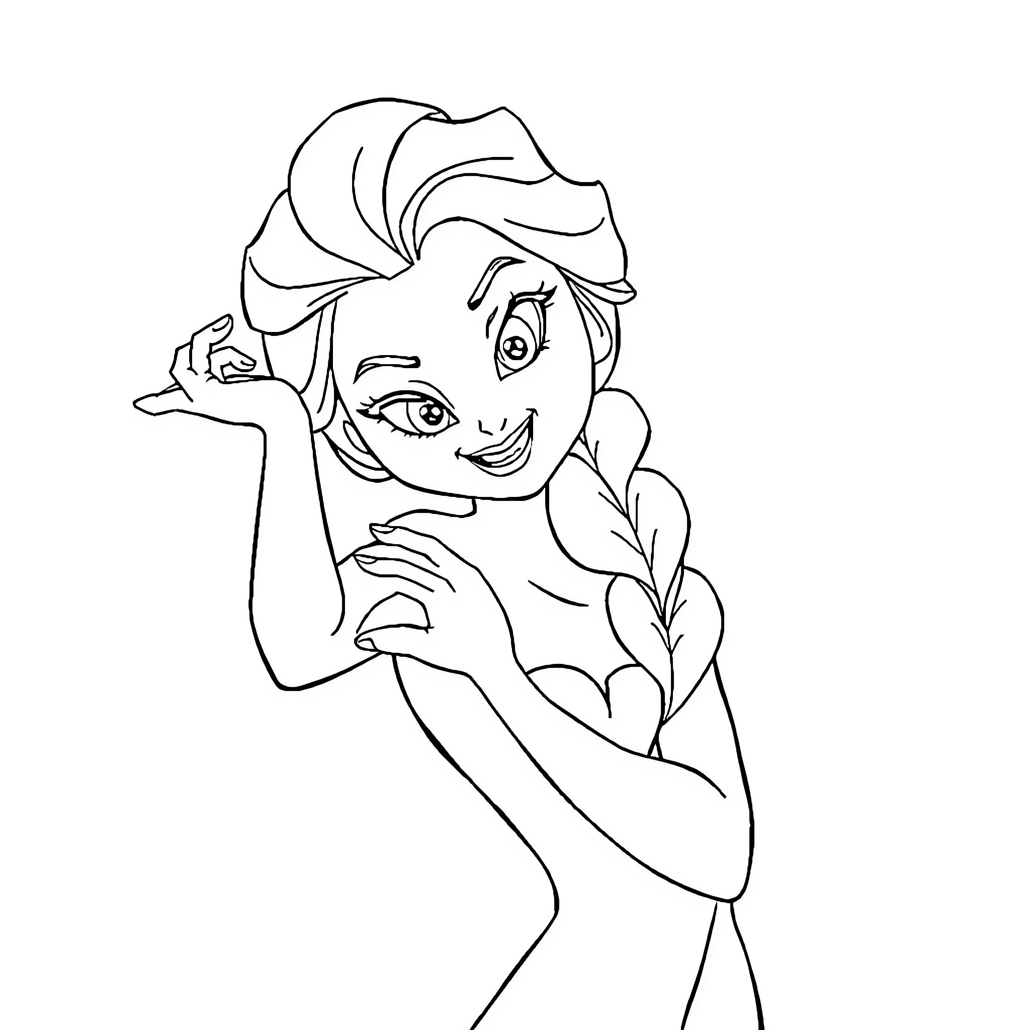 Elsa showing a playful expression Coloring Page (free black-and-white line drawing printable PDF for all, from beginners to advanced learners, including children, teens, adults, and seniors)