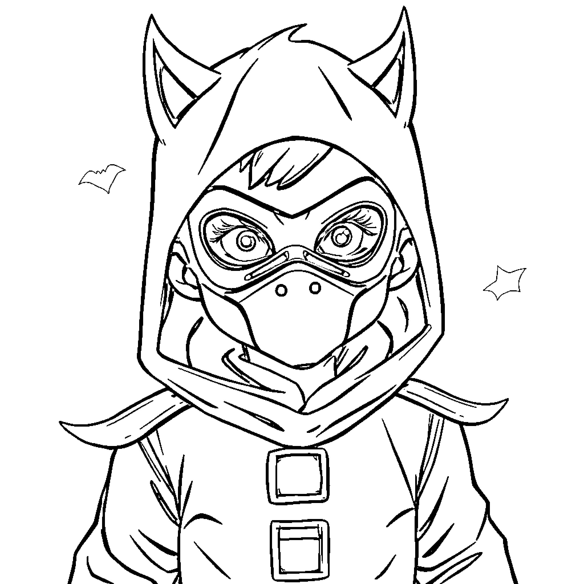 Kid in Superhero Costume with Mask Coloring Page (free black-and-white line drawing printable PDF for all, from beginners to advanced learners, including children, teens, adults, and seniors)