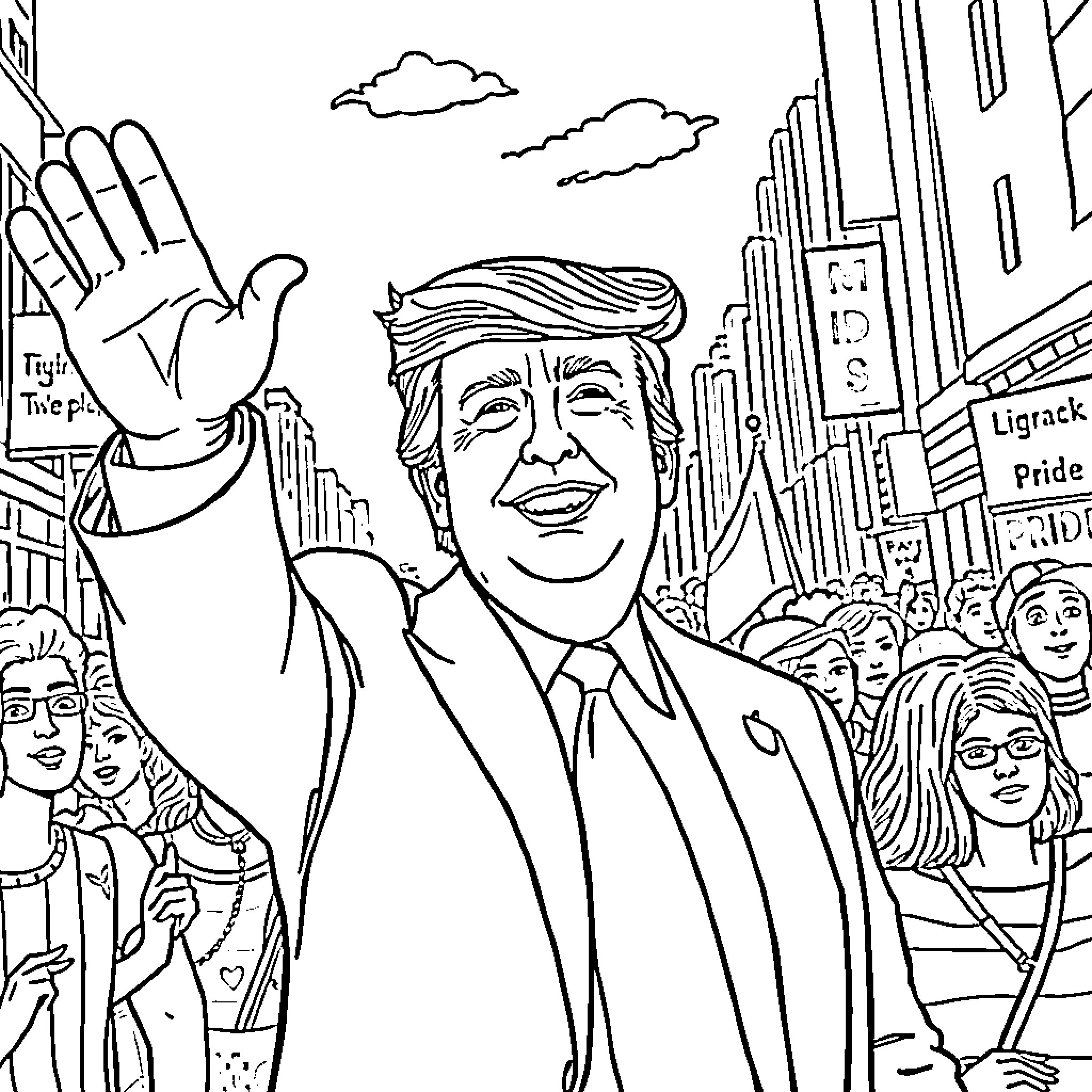 Donald Trump waving to the crowd in the city Coloring Page (free black-and-white line drawing printable PDF for all, from beginners to advanced learners, including children, teens, adults, and seniors)
