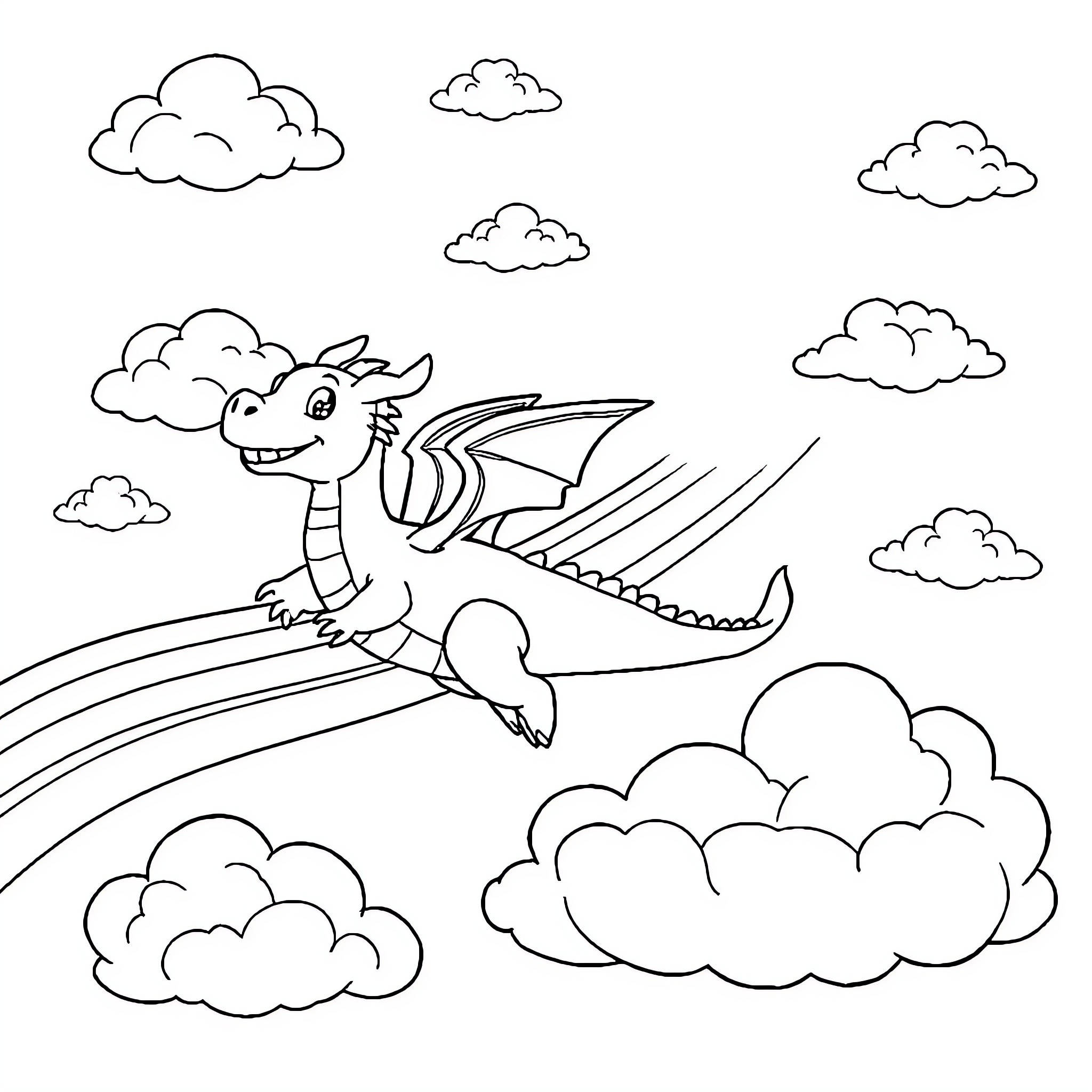 Dragon soaring through the cloudy sky Coloring Page (free black-and-white line drawing printable PDF for all, from beginners to advanced learners, including children, teens, adults, and seniors)
