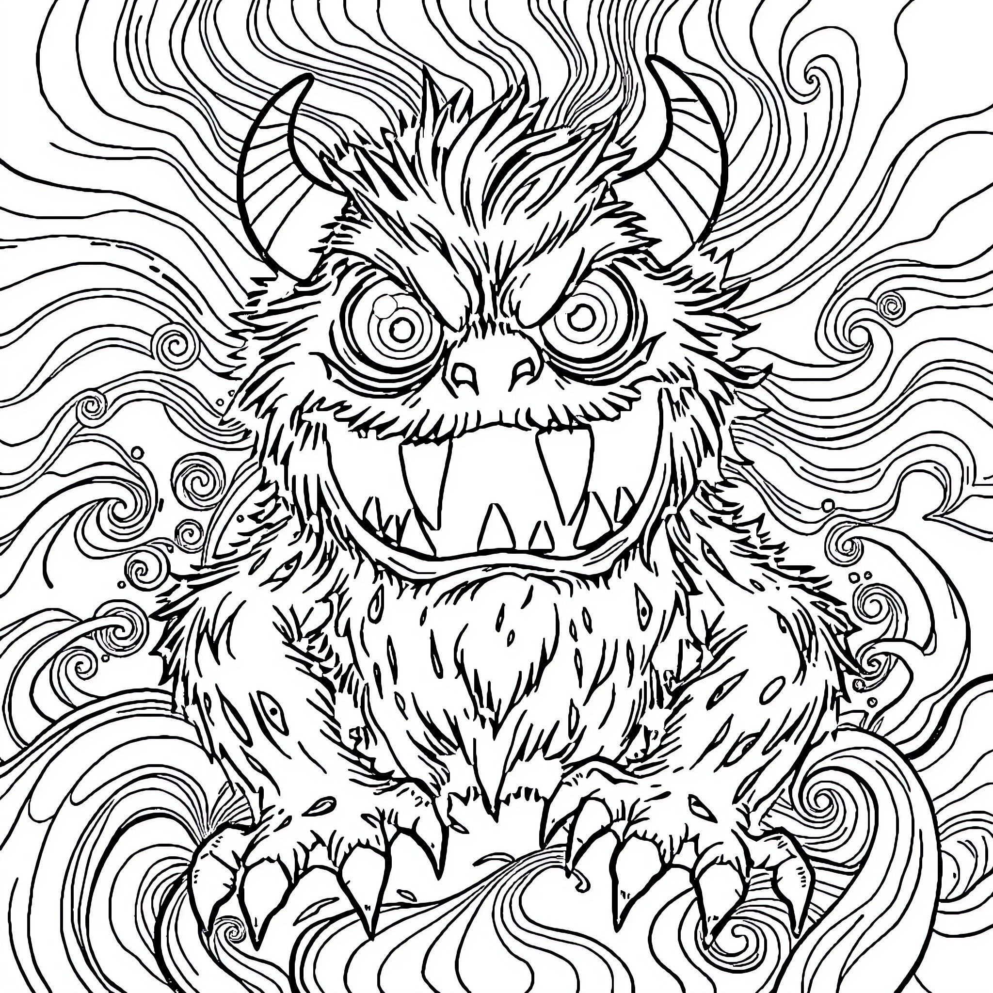 Color Monster with Fierce Expression and Swirling Background Coloring Page (free black-and-white line drawing printable PDF for all, from beginners to advanced learners, including children, teens, adults, and seniors)