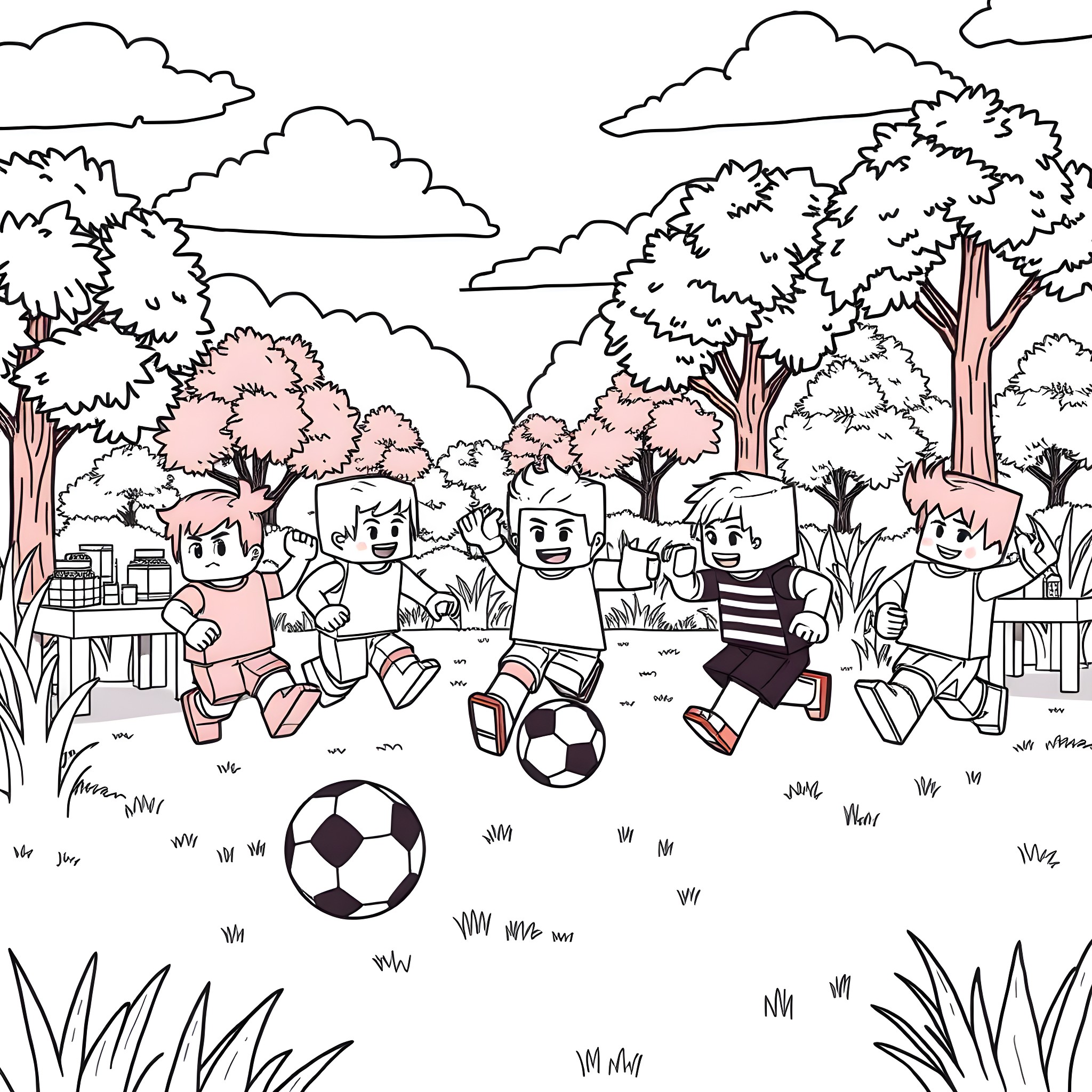 Minecraft Characters Playing Soccer in the Outdoors Coloring Page (free black-and-white line drawing printable PDF for all, from beginners to advanced learners, including children, teens, adults, and seniors)