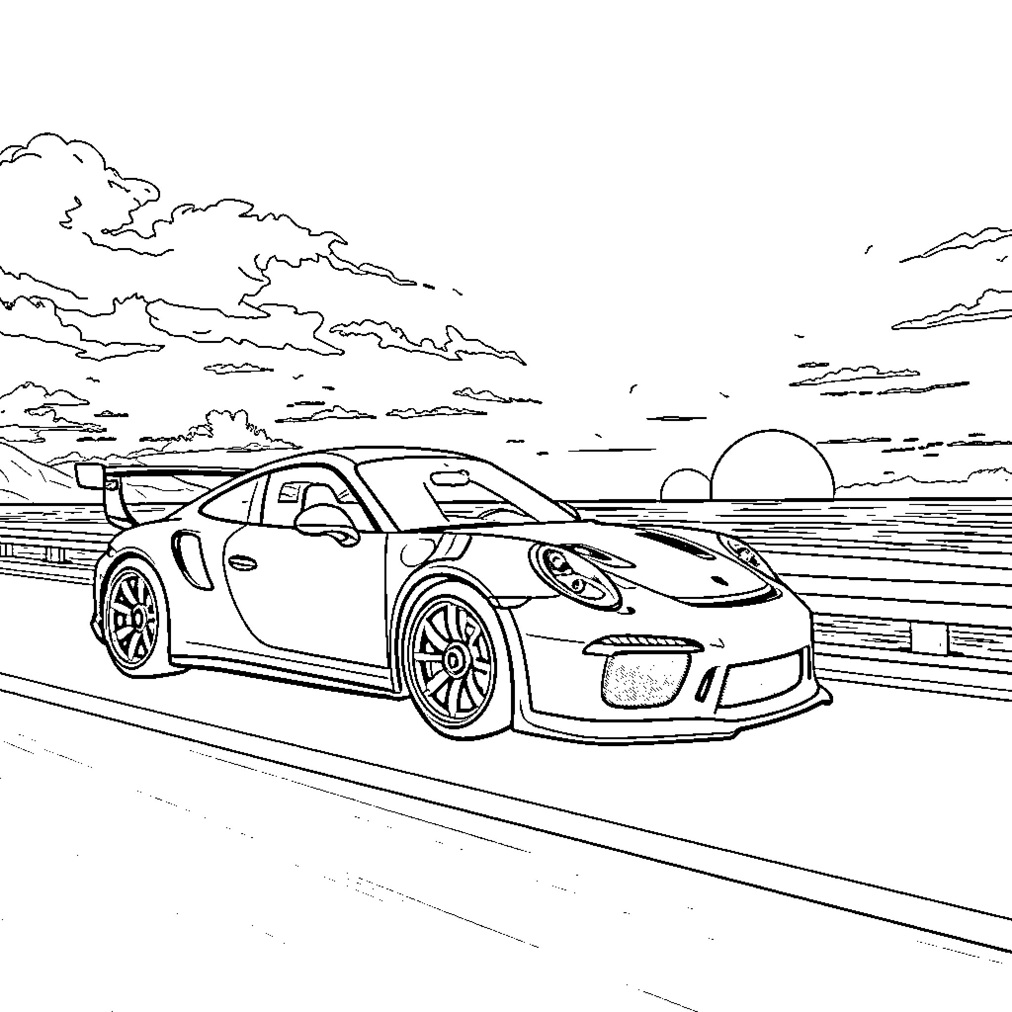 Porsche sports car racing on the road Coloring Page (free black-and-white line drawing printable PDF for all, from beginners to advanced learners, including children, teens, adults, and seniors)
