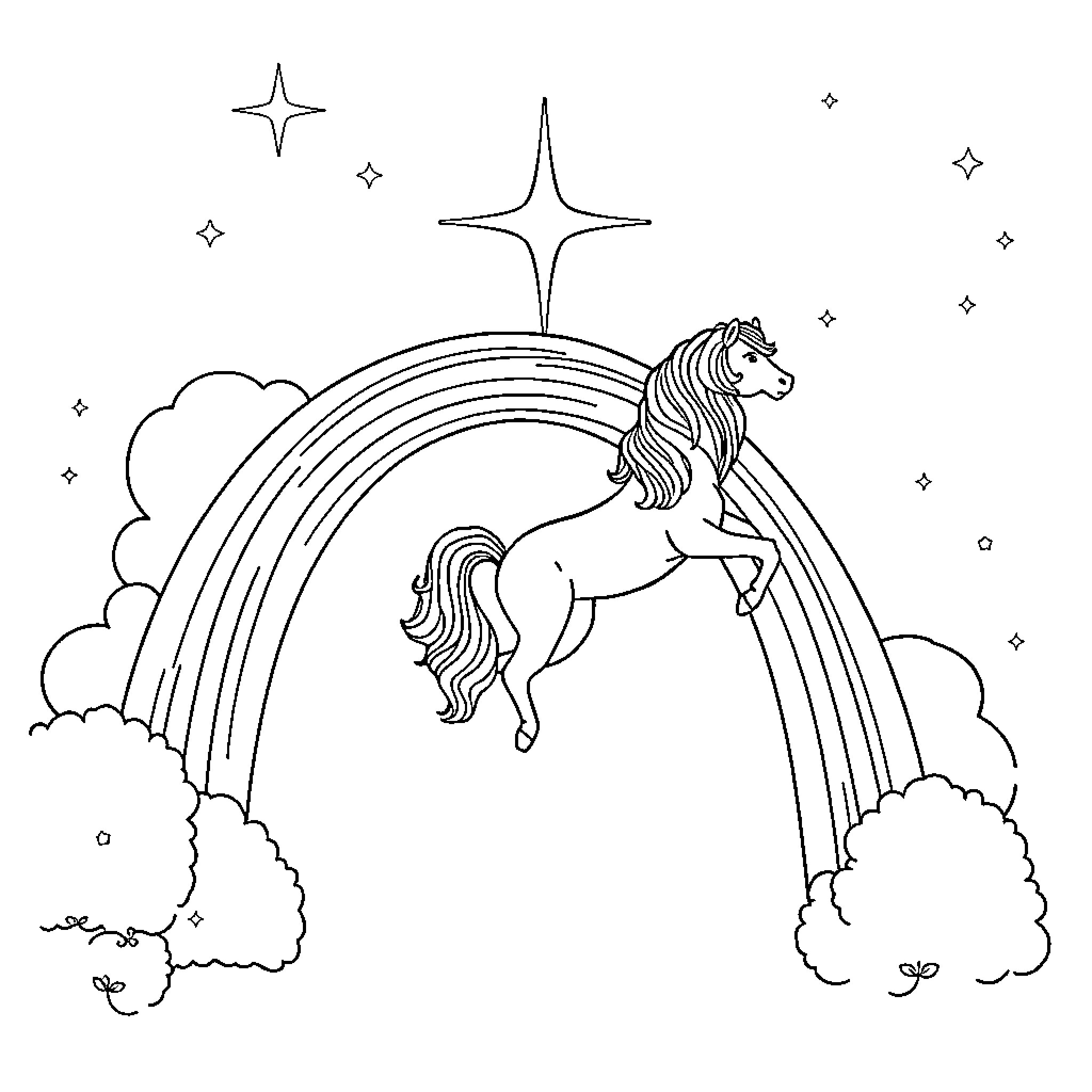 Unicorn dancing beneath a starry rainbow Coloring Page (free black-and-white line drawing printable PDF for all, from beginners to advanced learners, including children, teens, adults, and seniors)