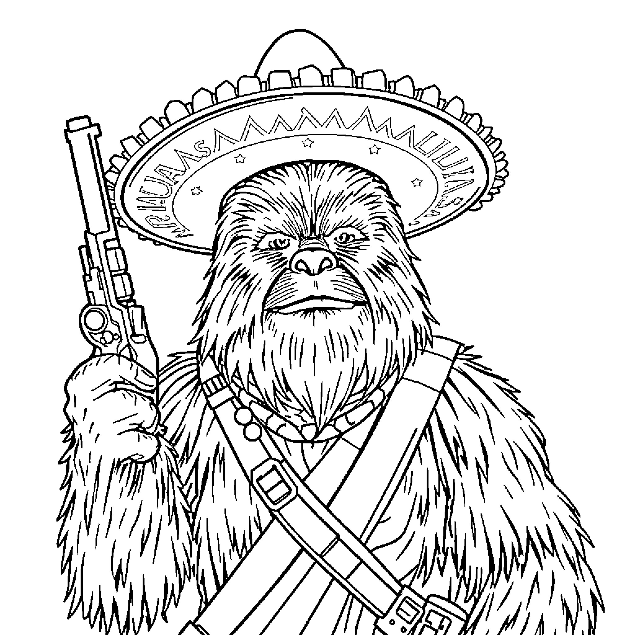 Chewbacca in Mexican-inspired outfit with sombrero and gun Coloring Page (free black-and-white line drawing printable PDF for all, from beginners to advanced learners, including children, teens, adults, and seniors)