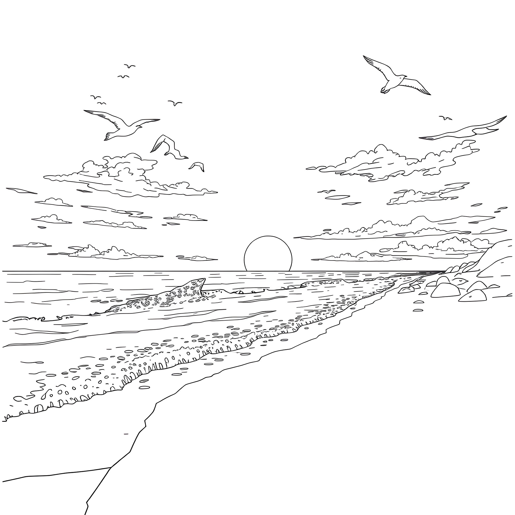 Beach scene with seagulls and sunset Coloring Page (free black-and-white line drawing printable PDF for all, from beginners to advanced learners, including children, teens, adults, and seniors)