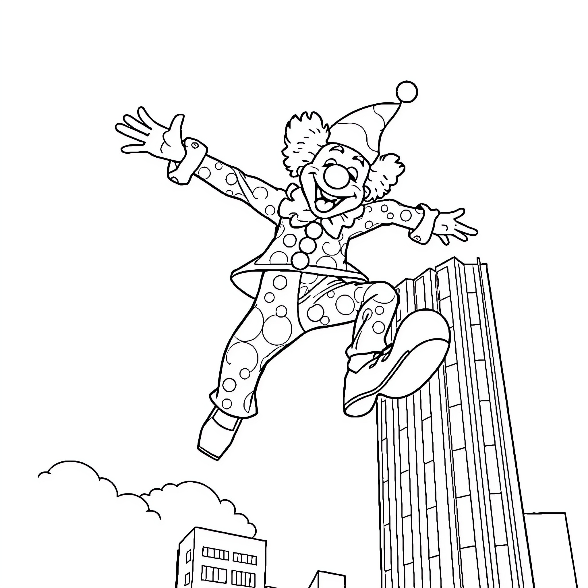 Clown leaping excitedly in the city Coloring Page (free black-and-white line drawing printable PDF for all, from beginners to advanced learners, including children, teens, adults, and seniors)