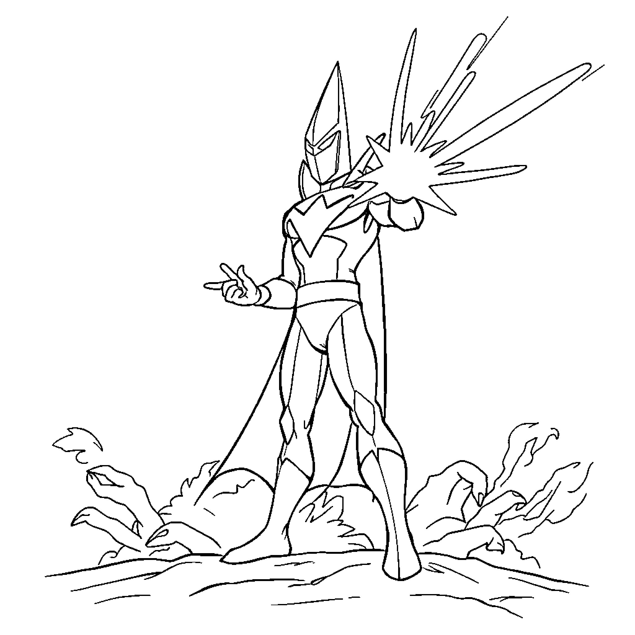 Space Ghost battling a powerful foe in an epic scene Coloring Page (free black-and-white line drawing printable PDF for all, from beginners to advanced learners, including children, teens, adults, and seniors)