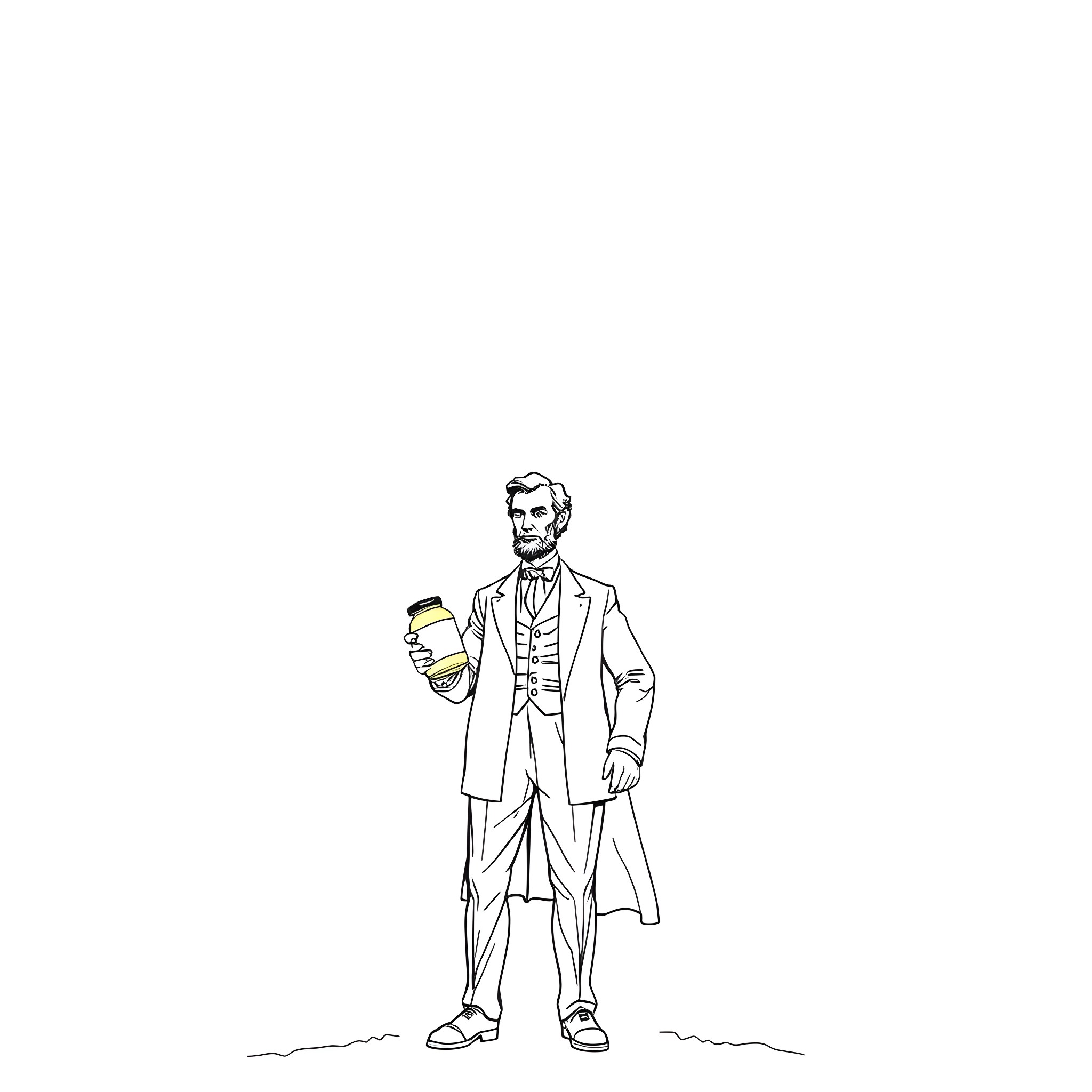 Abraham Lincoln enjoying a cup of tea Coloring Page (free black-and-white line drawing printable PDF for all, from beginners to advanced learners, including children, teens, adults, and seniors)