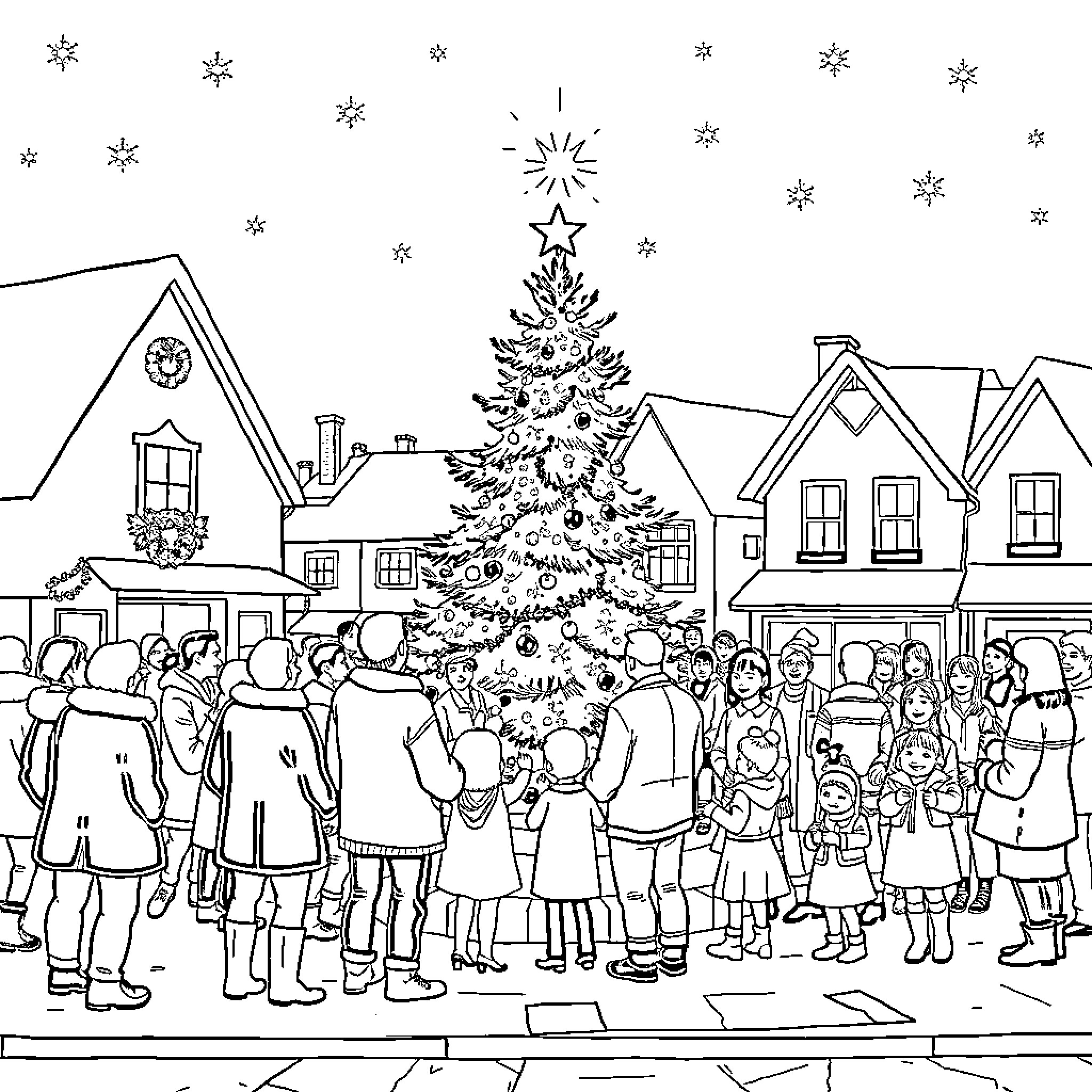 Tree Lighting Ceremony in Snowy Town Coloring Page (free black-and-white line drawing printable PDF for all, from beginners to advanced learners, including children, teens, adults, and seniors)