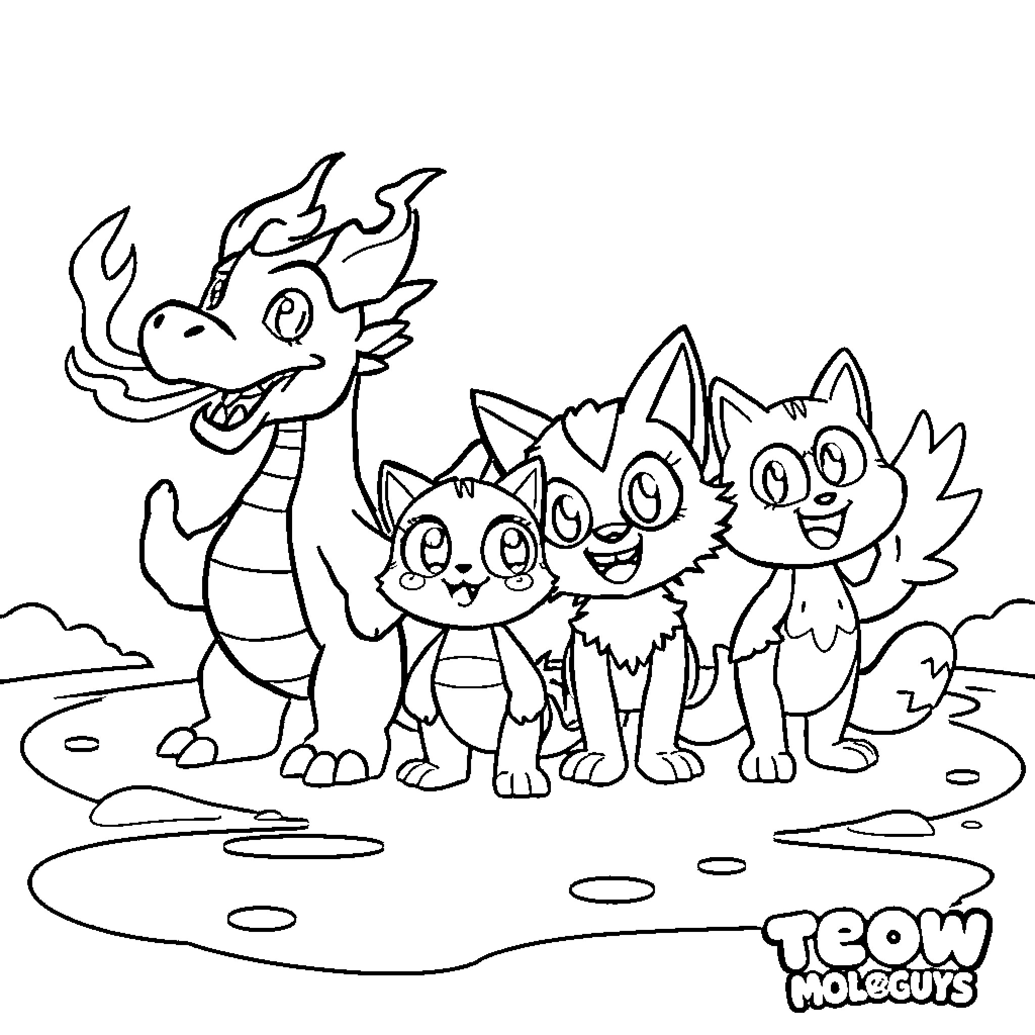 Dragon friends exploring the outdoors together Coloring Page (free black-and-white line drawing printable PDF for all, from beginners to advanced learners, including children, teens, adults, and seniors)