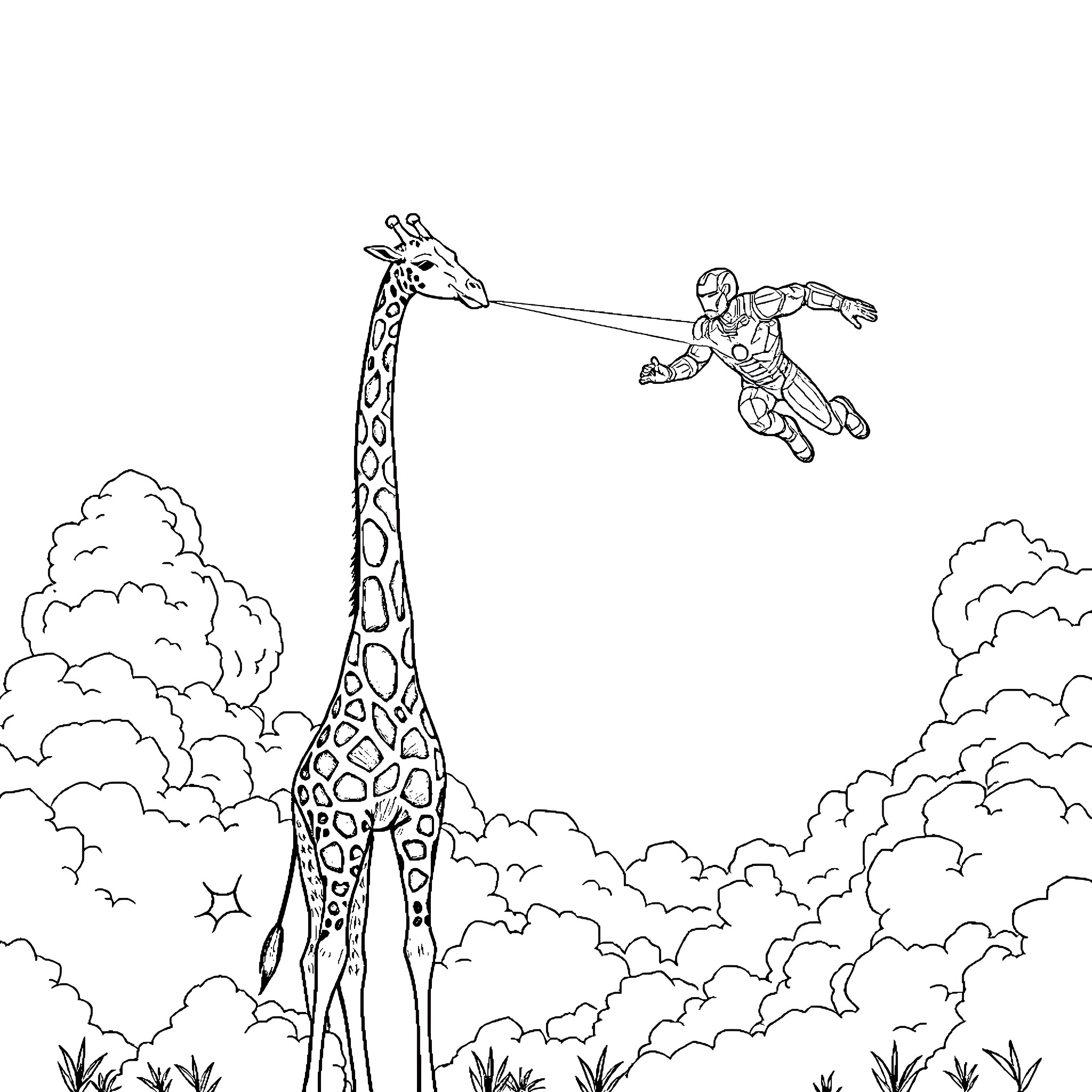 Giraffe helping superhero soar through the clouds Coloring Page (free black-and-white line drawing printable PDF for all, from beginners to advanced learners, including children, teens, adults, and seniors)