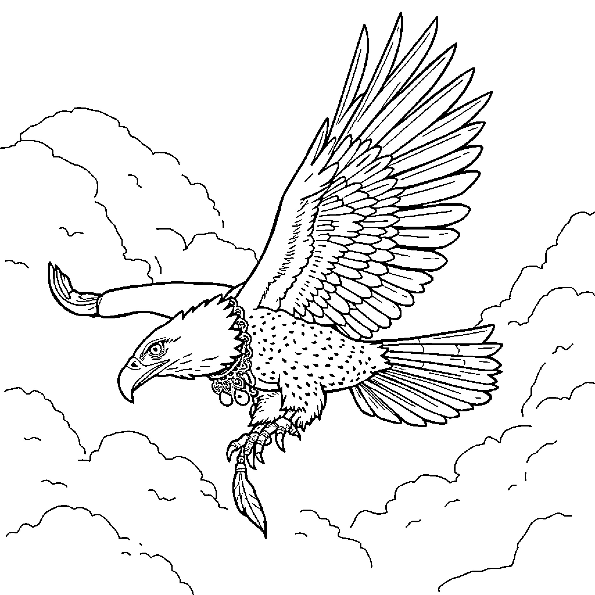 Bald Eagle soaring through the clouds Coloring Page (free black-and-white line drawing printable PDF for all, from beginners to advanced learners, including children, teens, adults, and seniors)