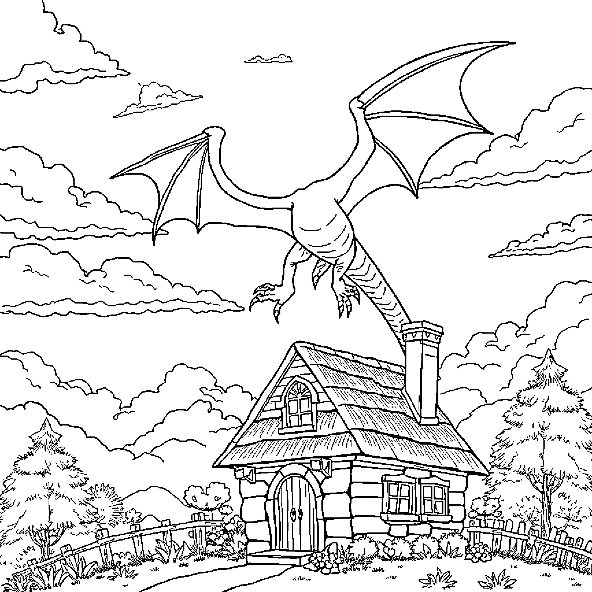 Dragon soaring over a cozy cottage in the wilderness Coloring Page (free black-and-white line drawing printable PDF for all, from beginners to advanced learners, including children, teens, adults, and seniors)
