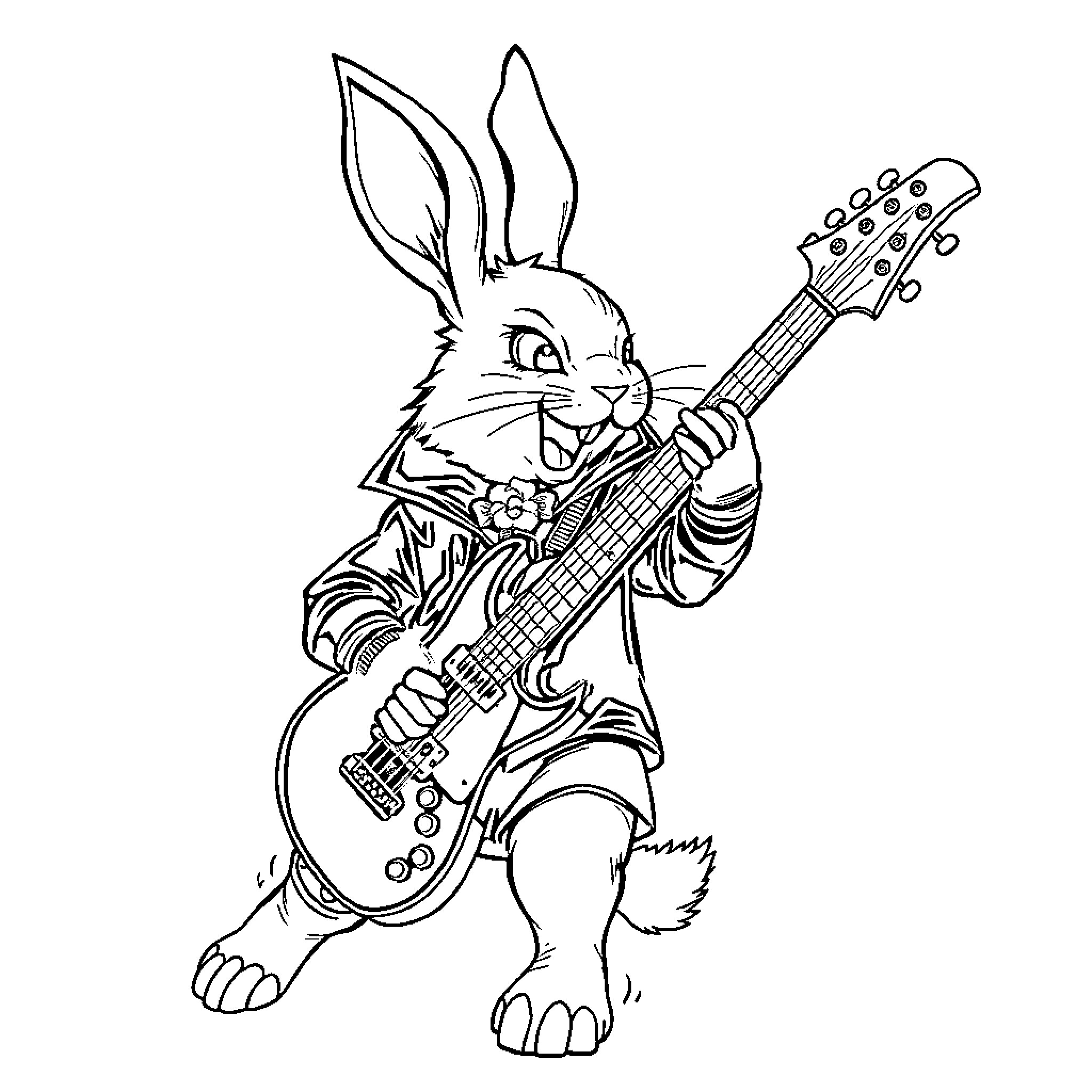 Bunny playing electric guitar with determination Coloring Page (free black-and-white line drawing printable PDF for all, from beginners to advanced learners, including children, teens, adults, and seniors)