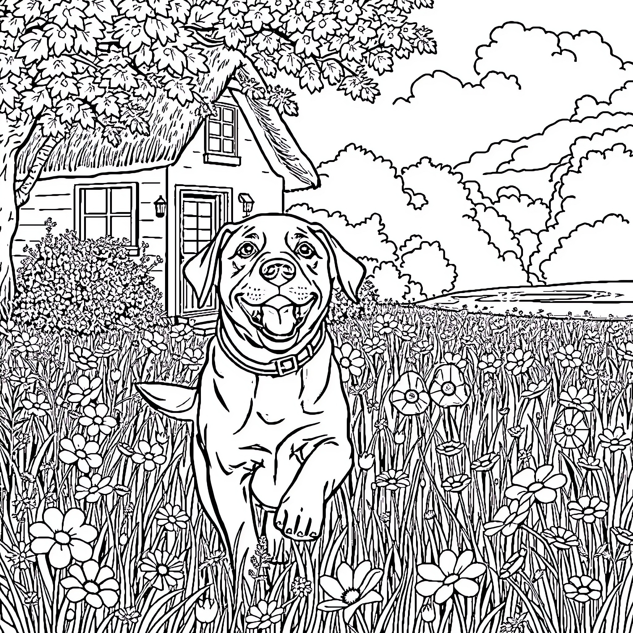 Labrador playing happily in a scenic countryside Coloring Page (free black-and-white line drawing printable PDF for all, from beginners to advanced learners, including children, teens, adults, and seniors)