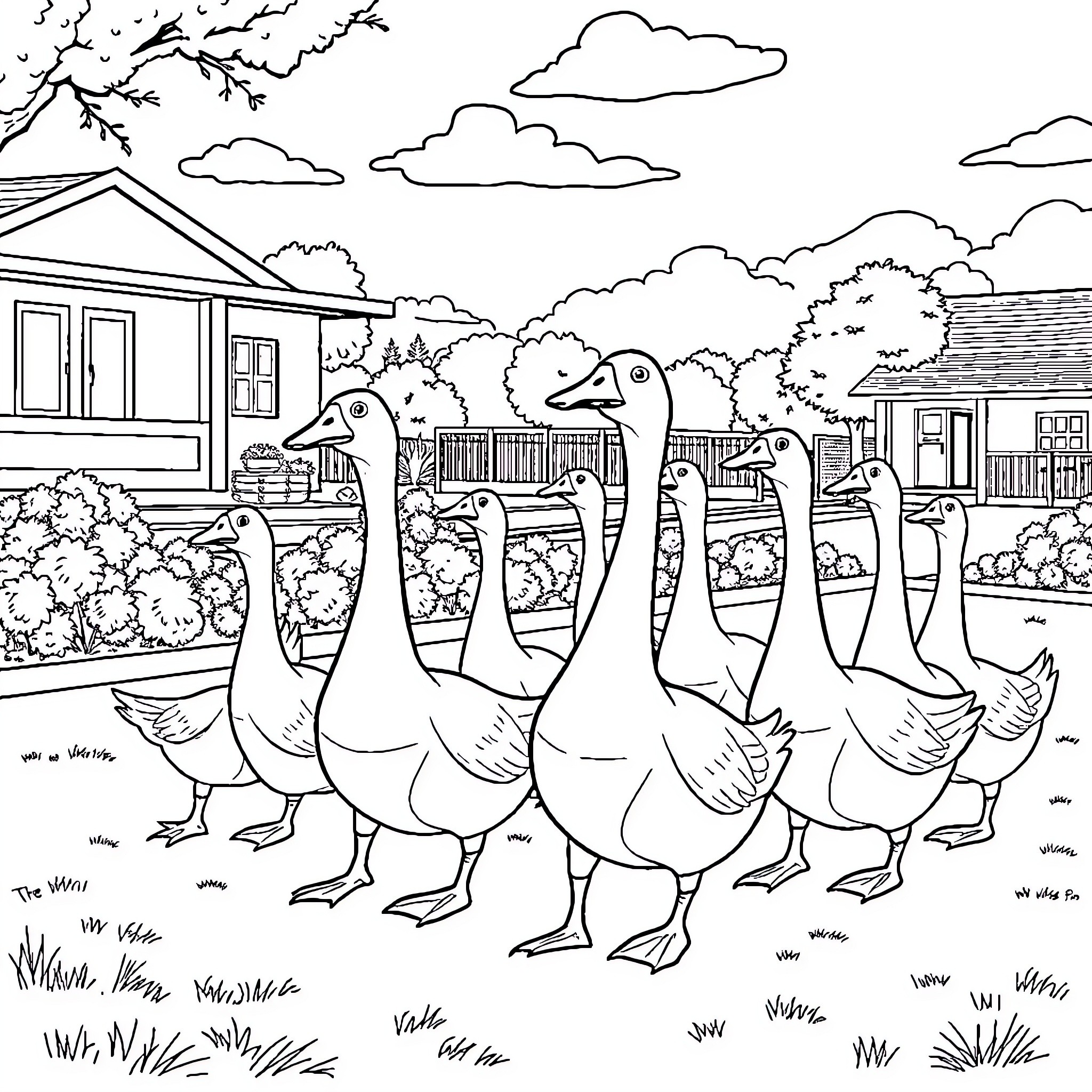 Goose parade through the neighborhood Coloring Page (free black-and-white line drawing printable PDF for all, from beginners to advanced learners, including children, teens, adults, and seniors)