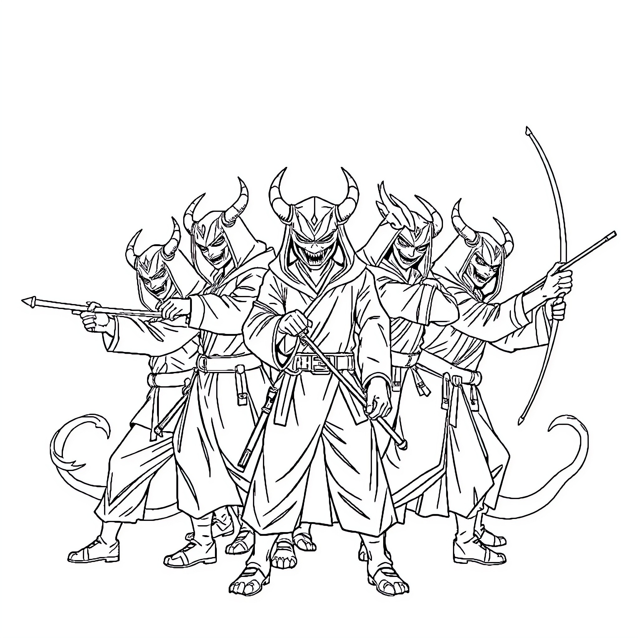 K-POP Demon Hunters in Action Coloring Page (free black-and-white line drawing printable PDF for all, from beginners to advanced learners, including children, teens, adults, and seniors)