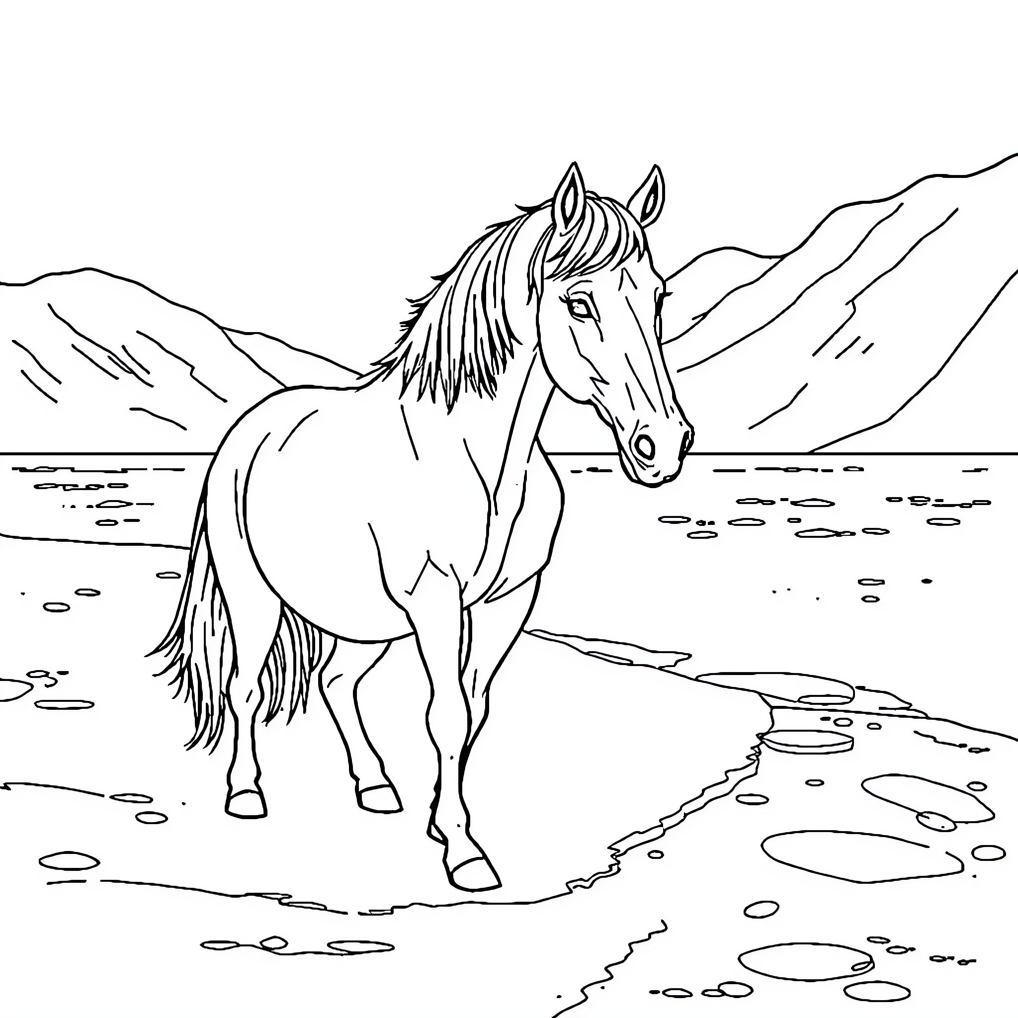 Horse standing proudly in the mountain landscape Coloring Page (free black-and-white line drawing printable PDF for all, from beginners to advanced learners, including children, teens, adults, and seniors)