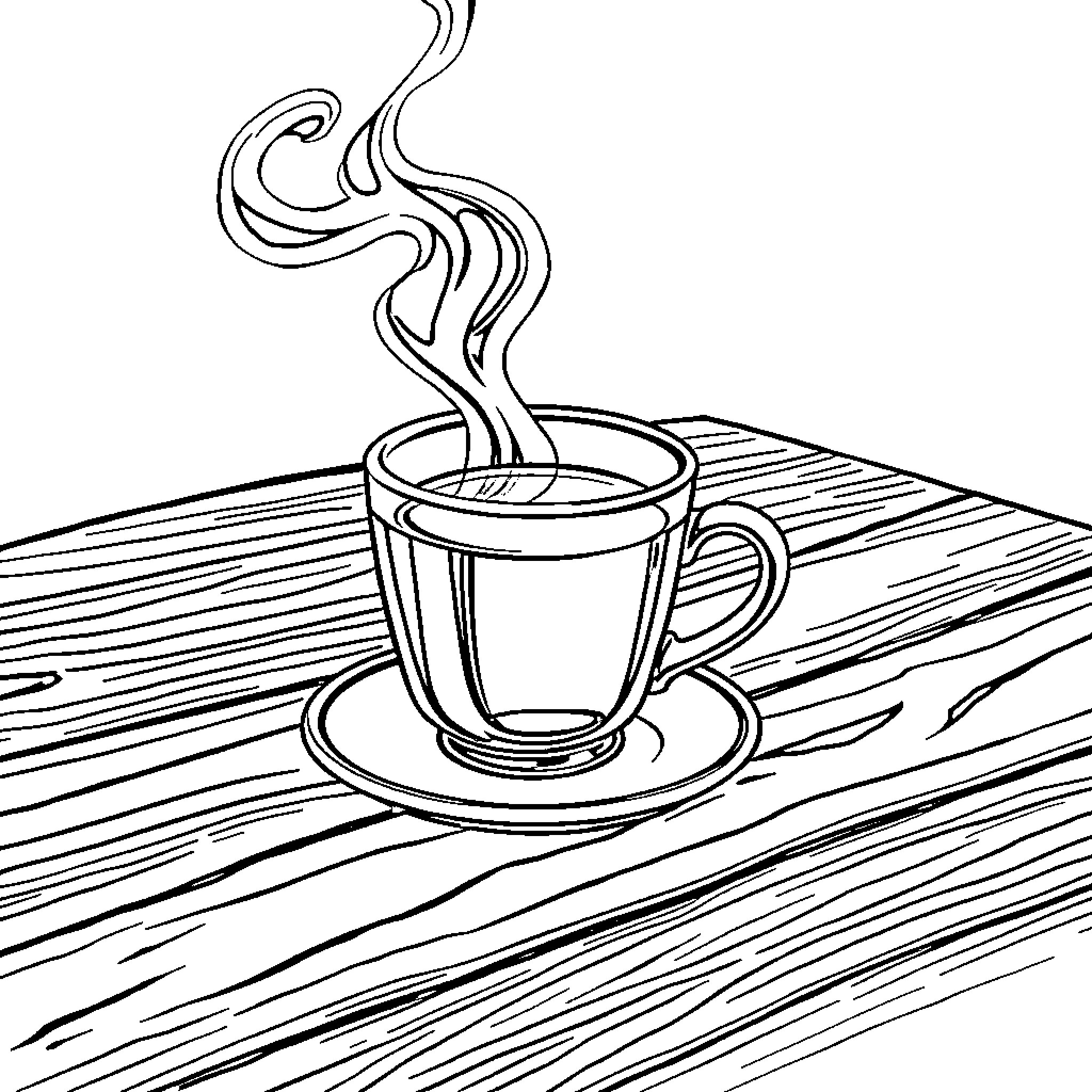 Tea Time on Wooden Surface Coloring Page (free black-and-white line drawing printable PDF for all, from beginners to advanced learners, including children, teens, adults, and seniors)