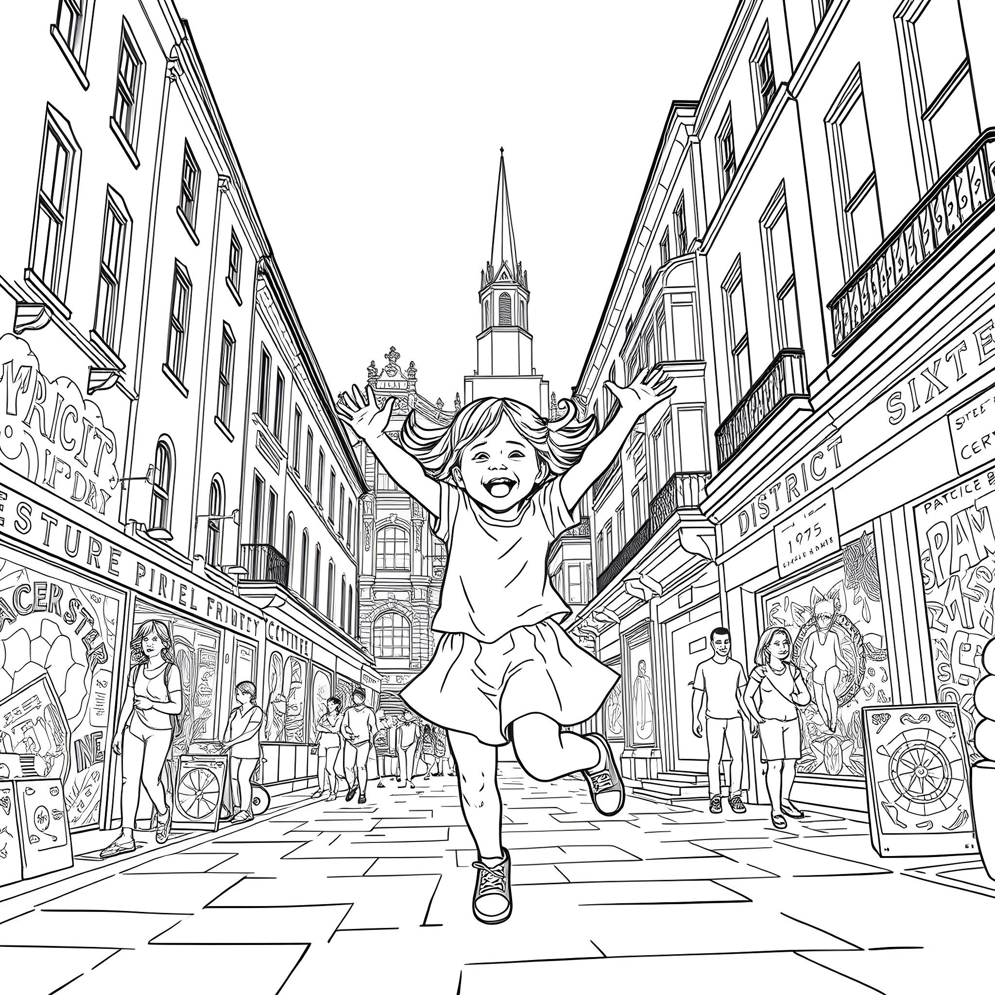 Girl joyfully running through a historic city street Coloring Page (free black-and-white line drawing printable PDF for all, from beginners to advanced learners, including children, teens, adults, and seniors)