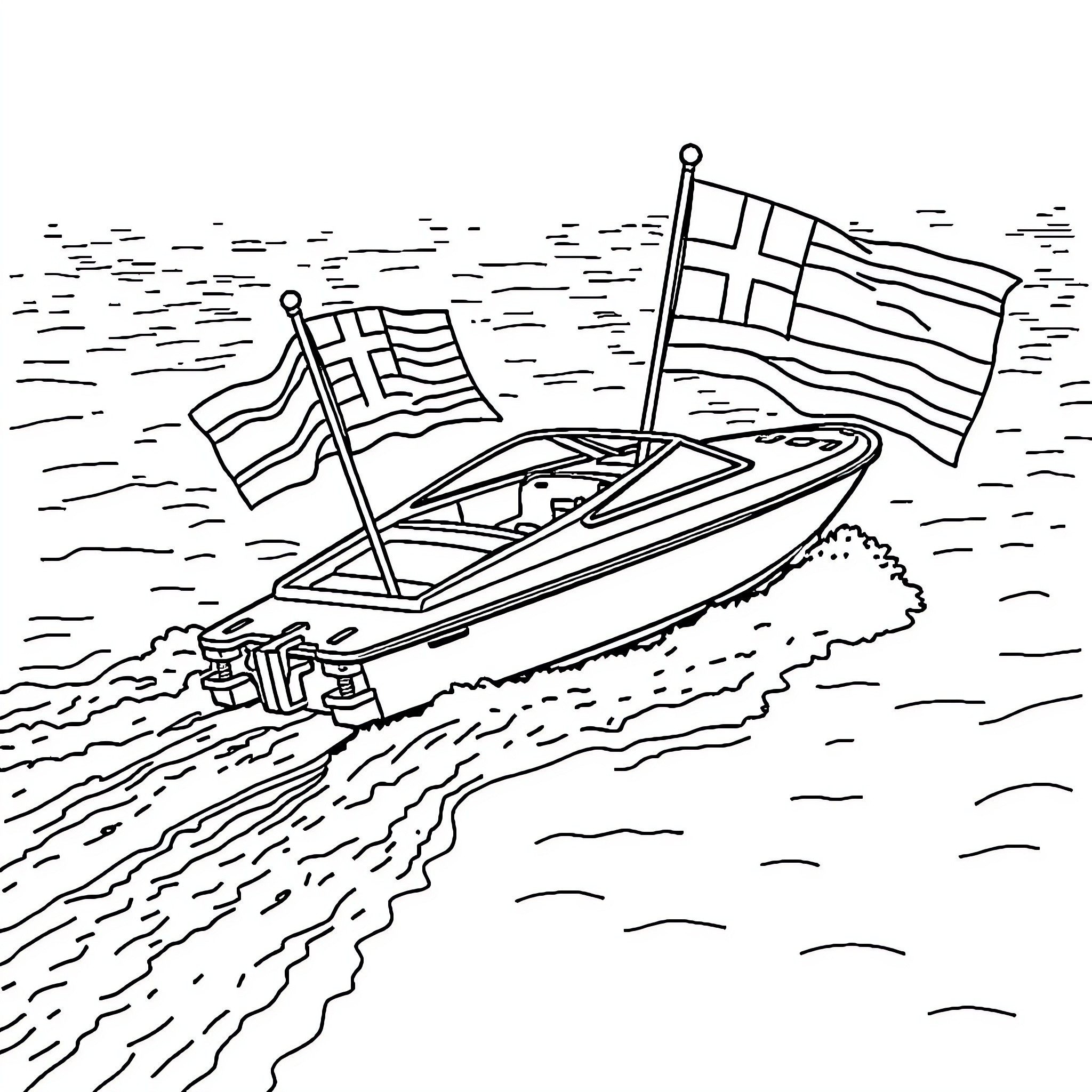 Flag-waving speedboat racing across the waves Coloring Page (free black-and-white line drawing printable PDF for all, from beginners to advanced learners, including children, teens, adults, and seniors)