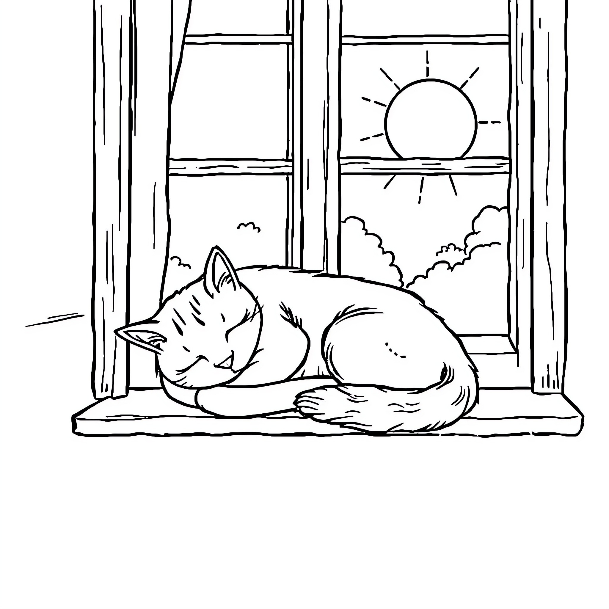 Cat napping peacefully by the window Coloring Page (free black-and-white line drawing printable PDF for all, from beginners to advanced learners, including children, teens, adults, and seniors)