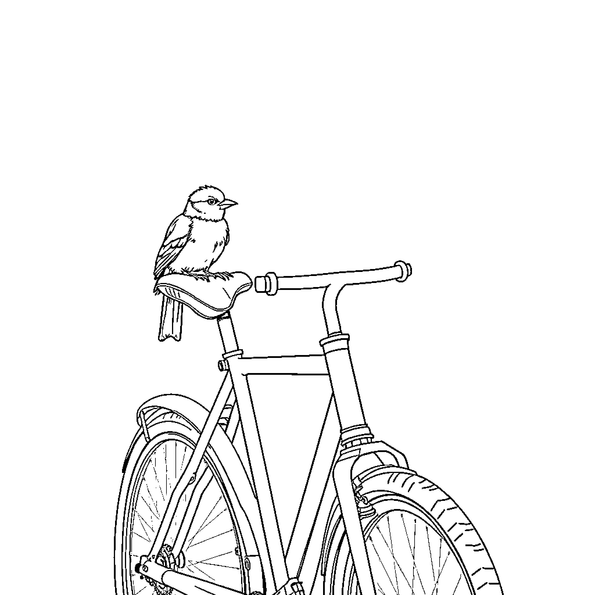 Bird perched on a bicycle Coloring Page (free black-and-white line drawing printable PDF for all, from beginners to advanced learners, including children, teens, adults, and seniors)
