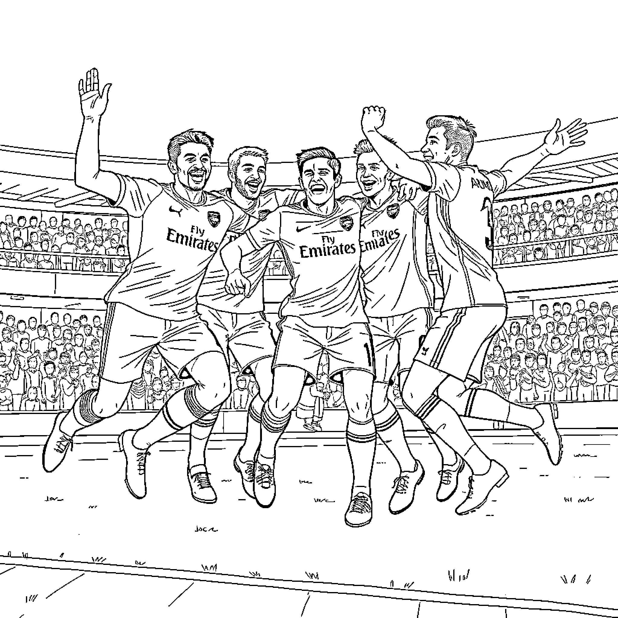 Arsenal players celebrating victory on the pitch Coloring Page (free black-and-white line drawing printable PDF for all, from beginners to advanced learners, including children, teens, adults, and seniors)