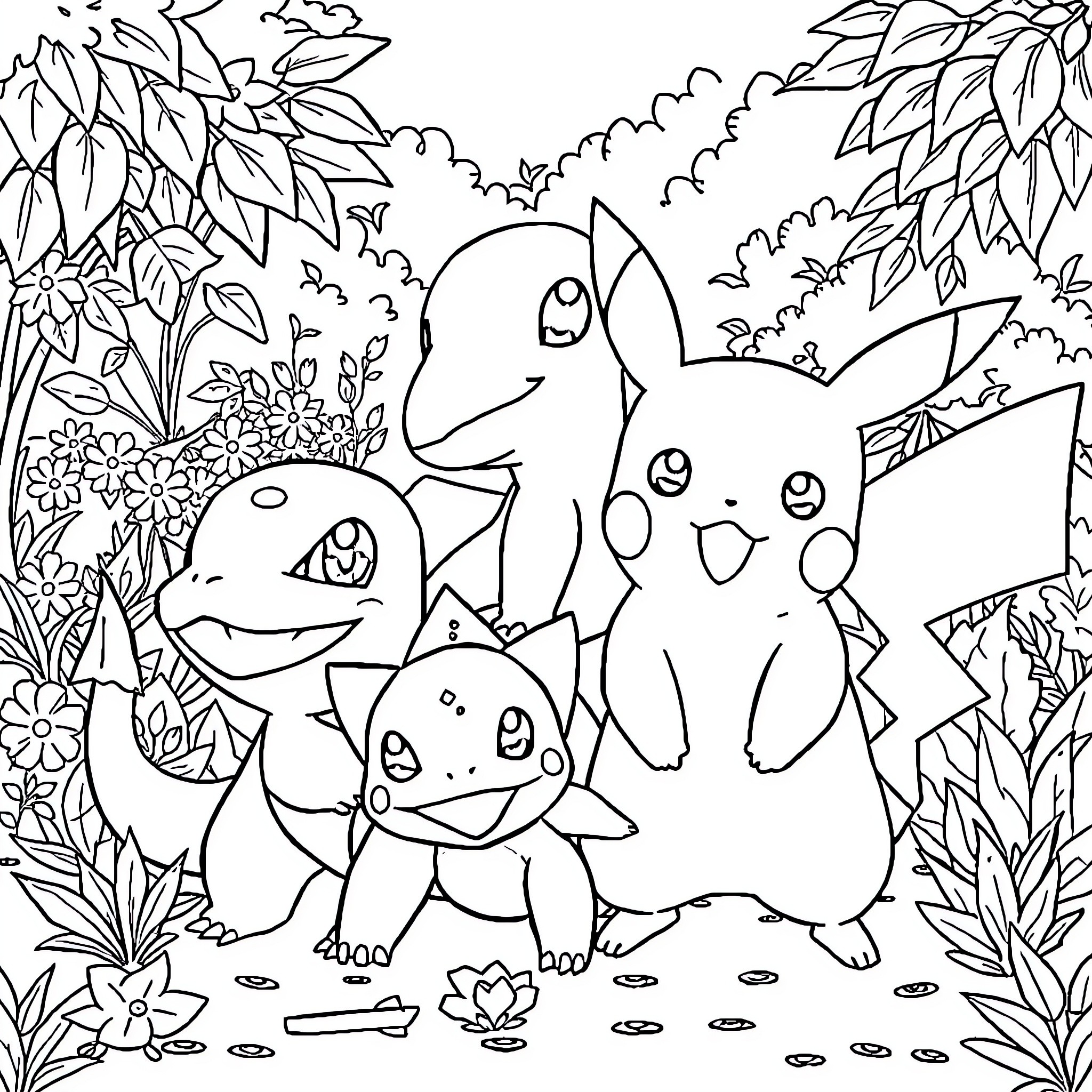 Pokémon characters in a natural scene Coloring Page (free black-and-white line drawing printable PDF for all, from beginners to advanced learners, including children, teens, adults, and seniors)