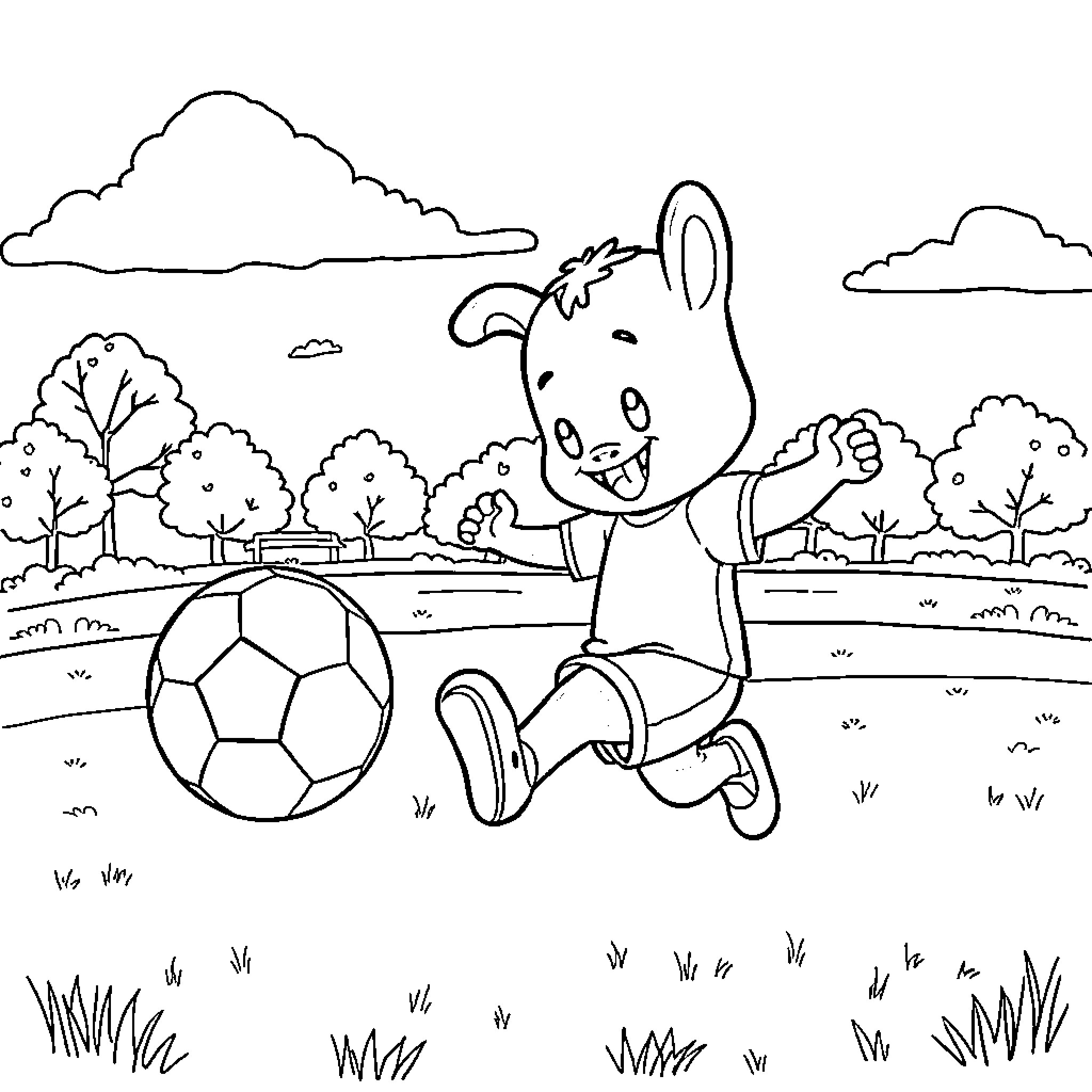 Bluey playing with soccer ball in outdoor park Coloring Page (free black-and-white line drawing printable PDF for all, from beginners to advanced learners, including children, teens, adults, and seniors)
