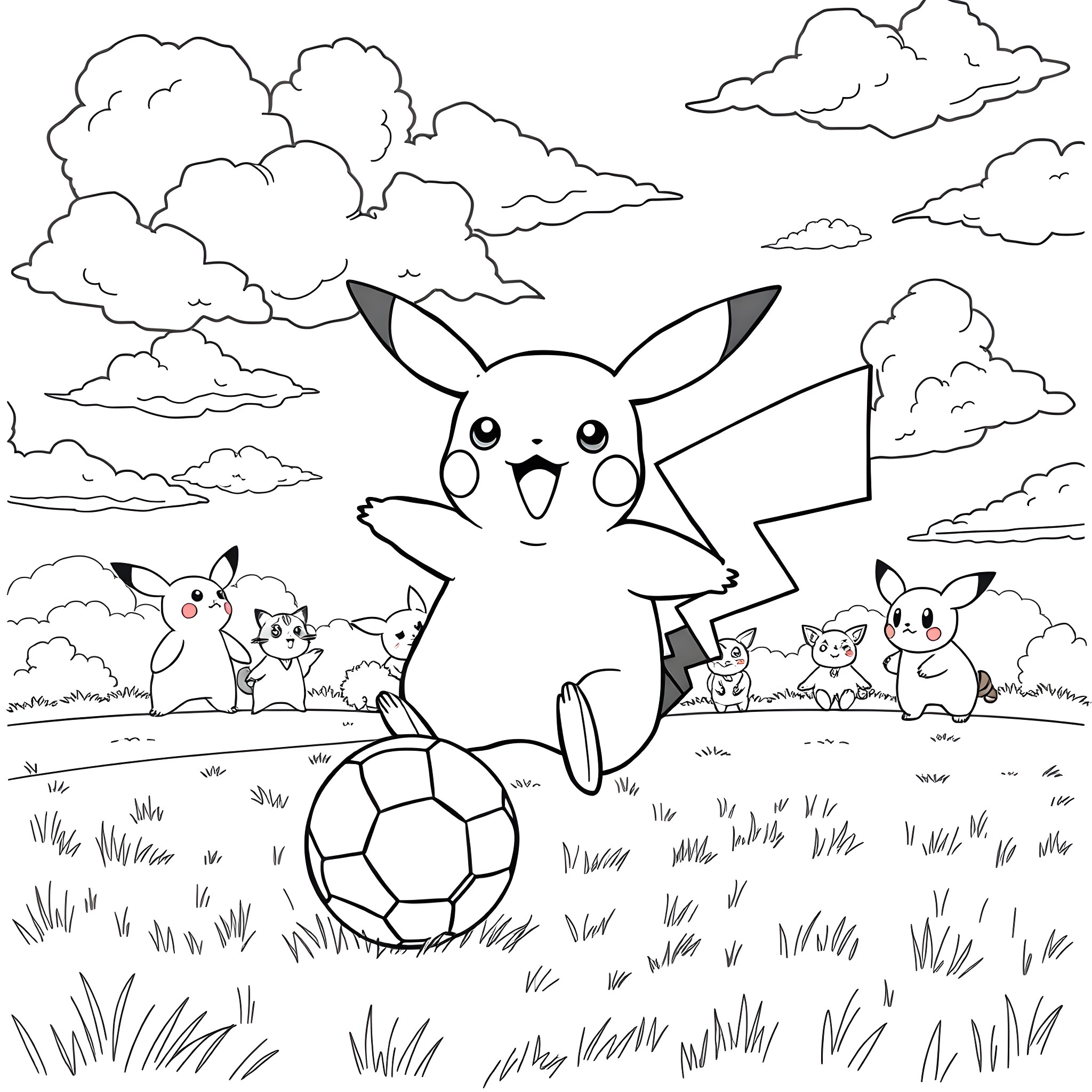 Pikachu playing soccer with other Pokémon in the park Coloring Page (free black-and-white line drawing printable PDF for all, from beginners to advanced learners, including children, teens, adults, and seniors)