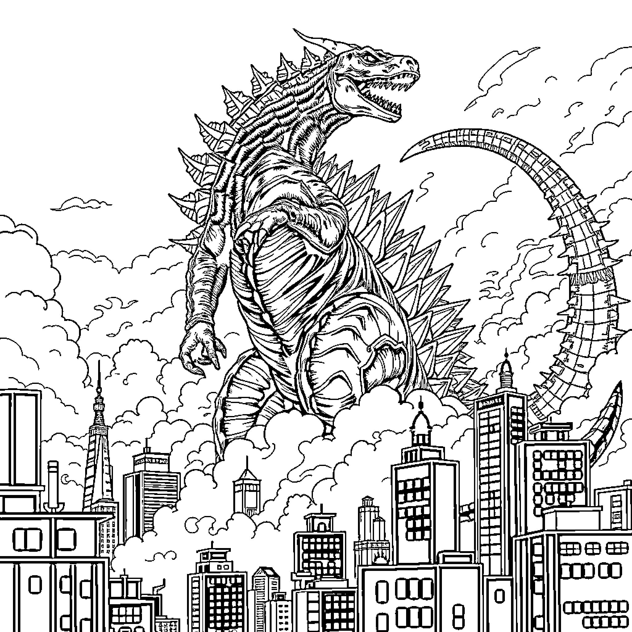 Godzilla rampaging through the city skyline Coloring Page (free black-and-white line drawing printable PDF for all, from beginners to advanced learners, including children, teens, adults, and seniors)