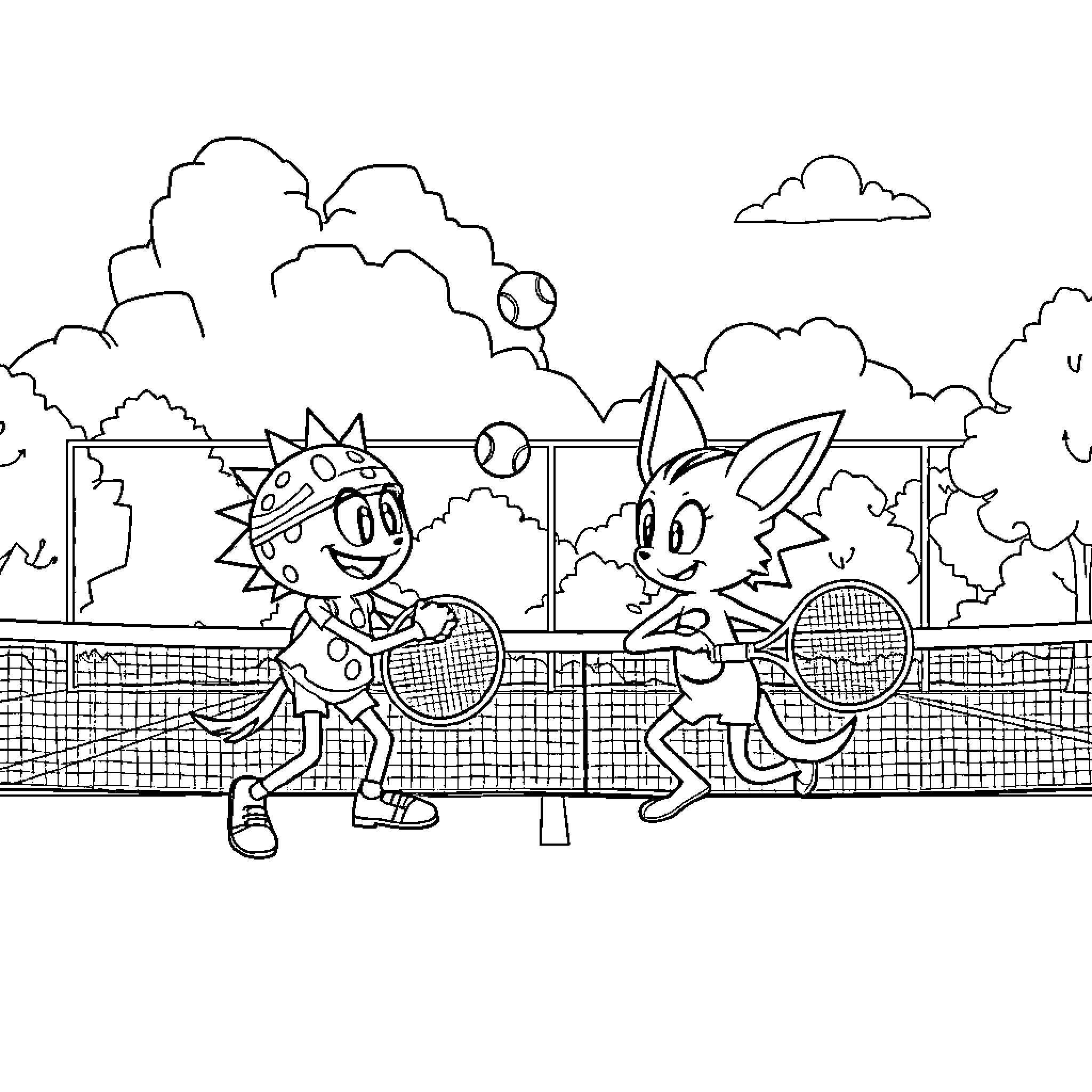 Brainrot: Cartoon characters playing tennis on court Coloring Page (free black-and-white line drawing printable PDF for all, from beginners to advanced learners, including children, teens, adults, and seniors)