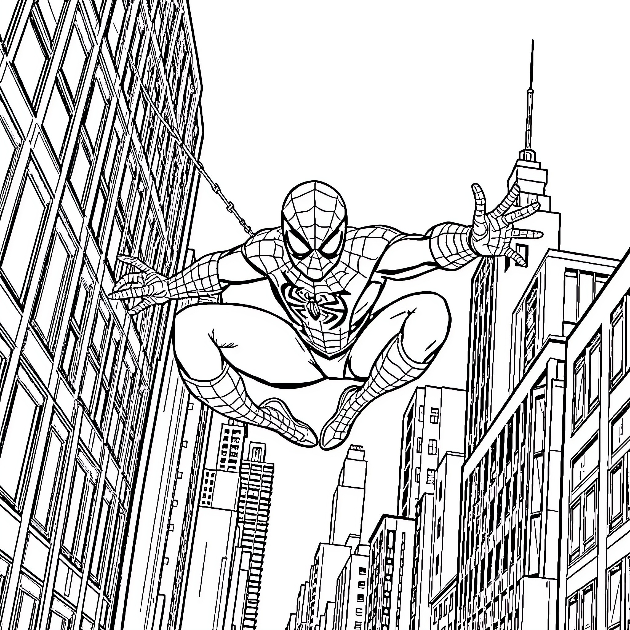Spiderman swinging over skyscrapers in action-packed scene Coloring Page (free black-and-white line drawing printable PDF for all, from beginners to advanced learners, including children, teens, adults, and seniors)