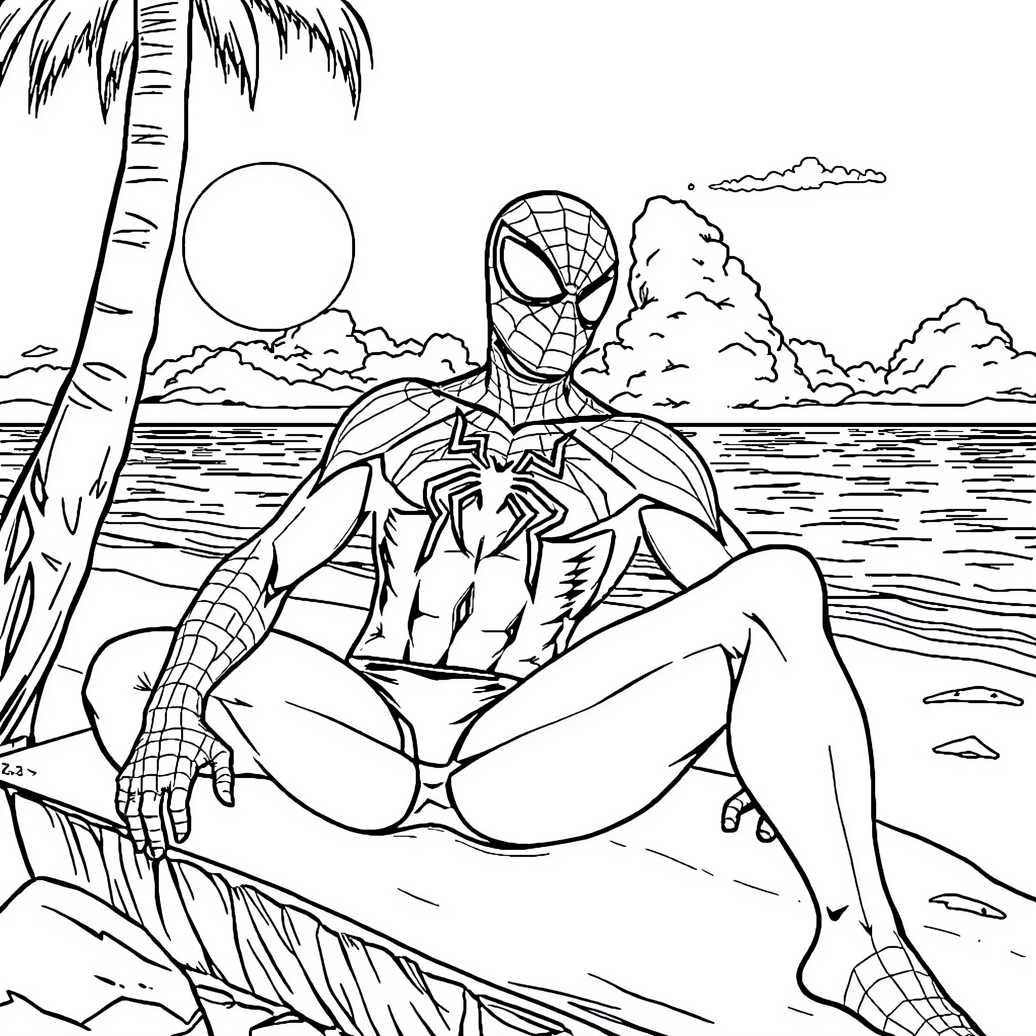 Spider-Man relaxing on a tropical beach Coloring Page (free black-and-white line drawing printable PDF for all, from beginners to advanced learners, including children, teens, adults, and seniors)