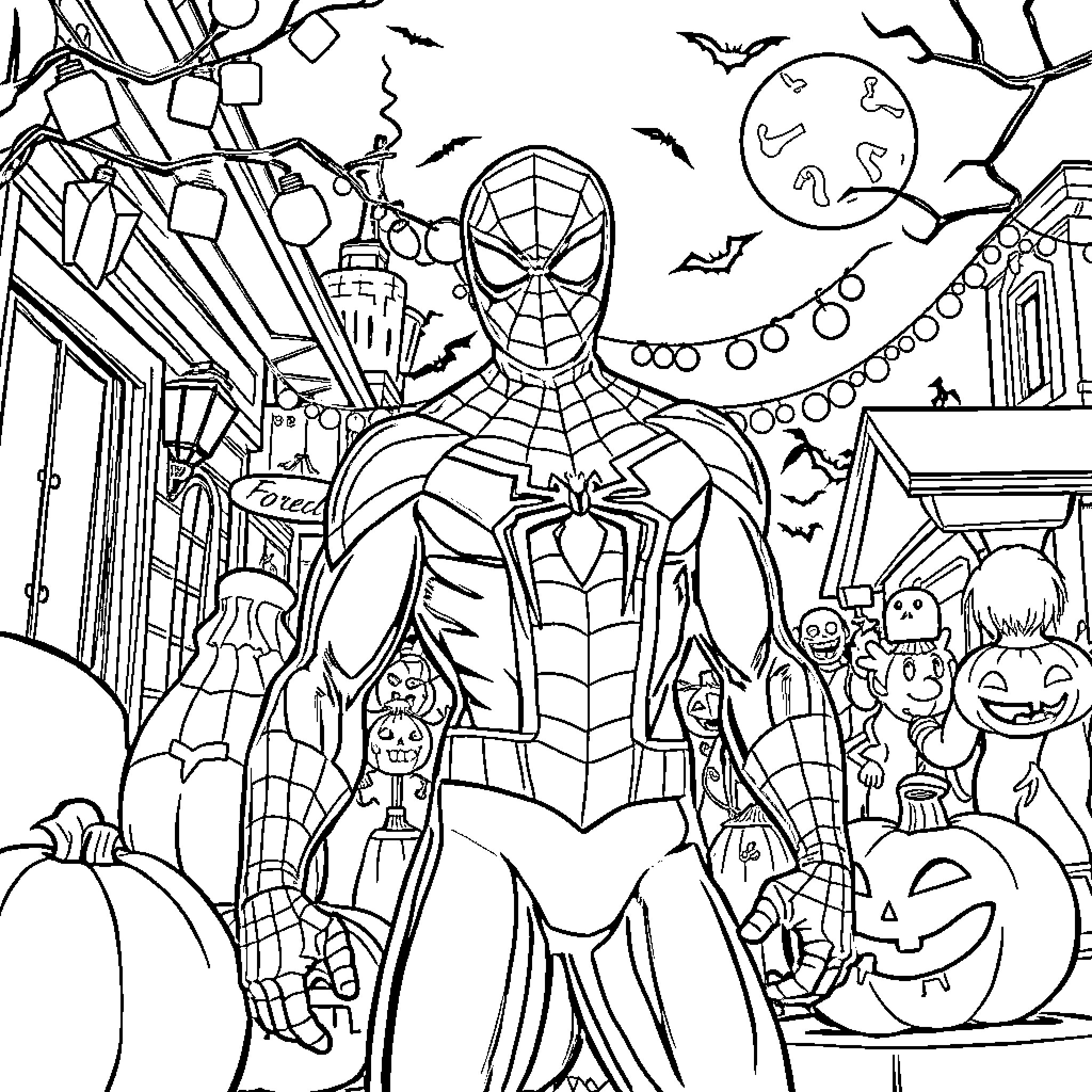 Spiderman exploring Halloween night festivities Coloring Page (free black-and-white line drawing printable PDF for all, from beginners to advanced learners, including children, teens, adults, and seniors)