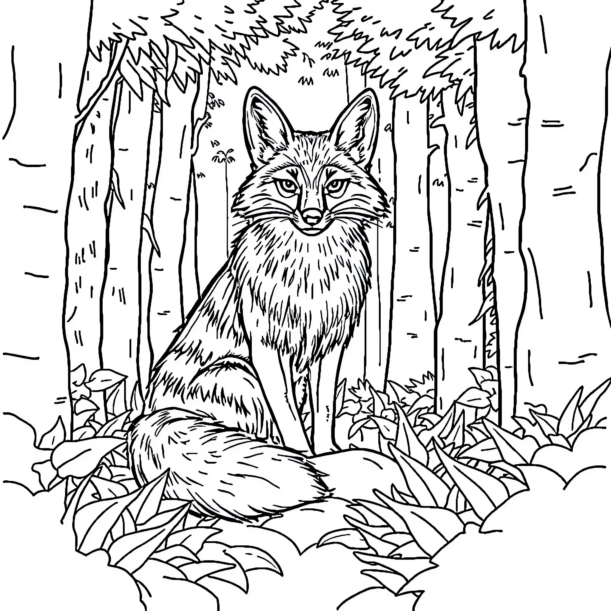 Fox gazing intently in the forest Coloring Page (free black-and-white line drawing printable PDF for all, from beginners to advanced learners, including children, teens, adults, and seniors)