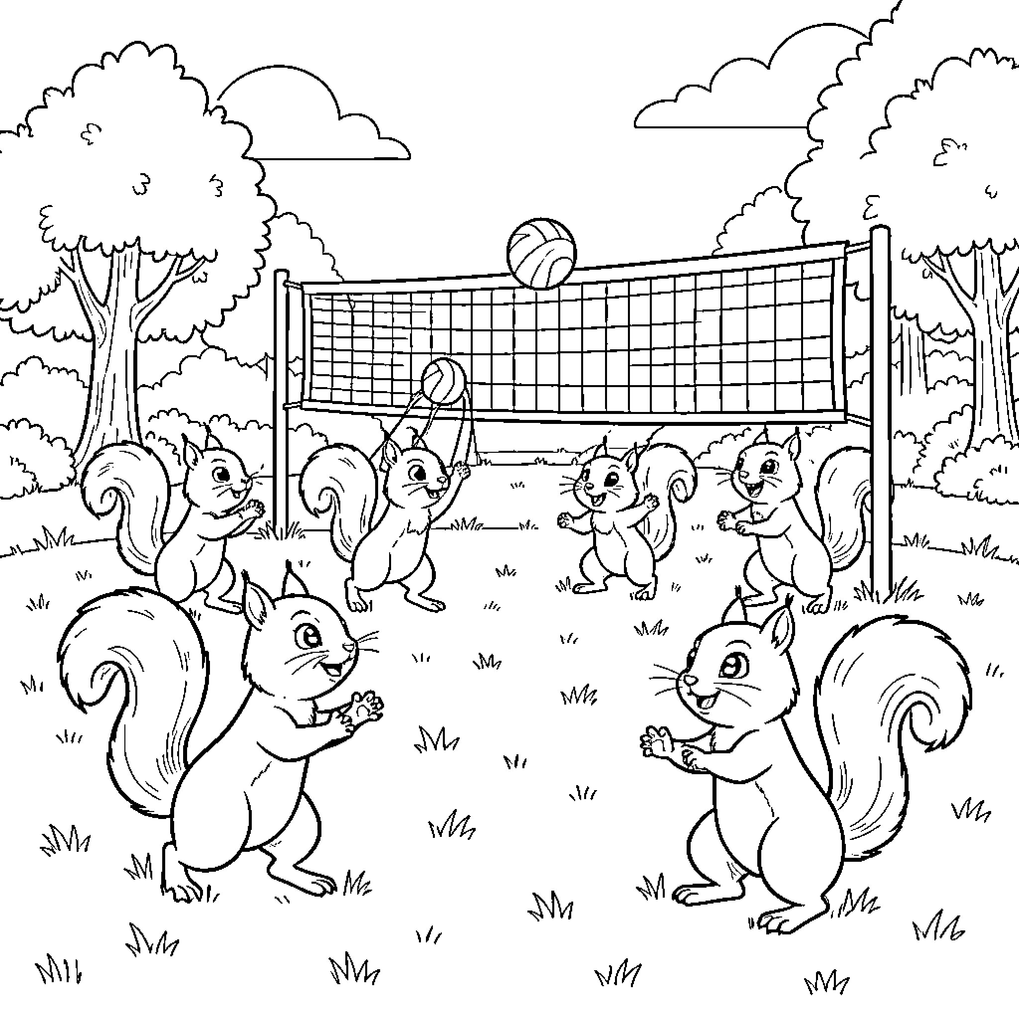 Squirrels playing a lively game of volleyball together Coloring Page (free black-and-white line drawing printable PDF for all, from beginners to advanced learners, including children, teens, adults, and seniors)
