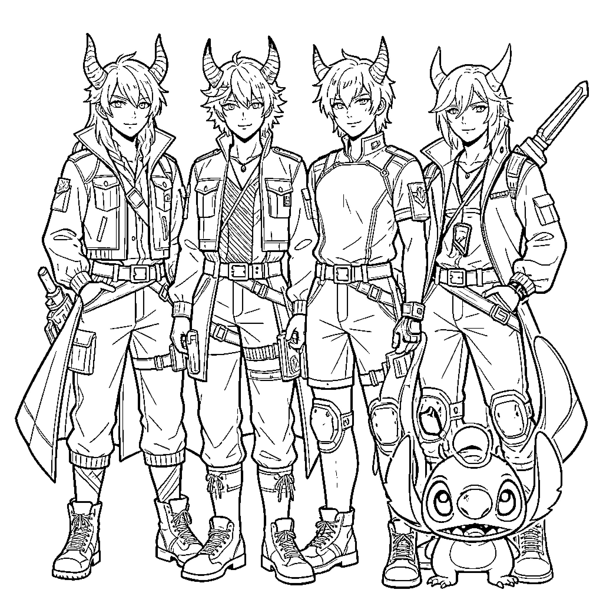 Kpop Demon Hunter group posing in tactical fantasy outfits Coloring Page (free black-and-white line drawing printable PDF for all, from beginners to advanced learners, including children, teens, adults, and seniors)