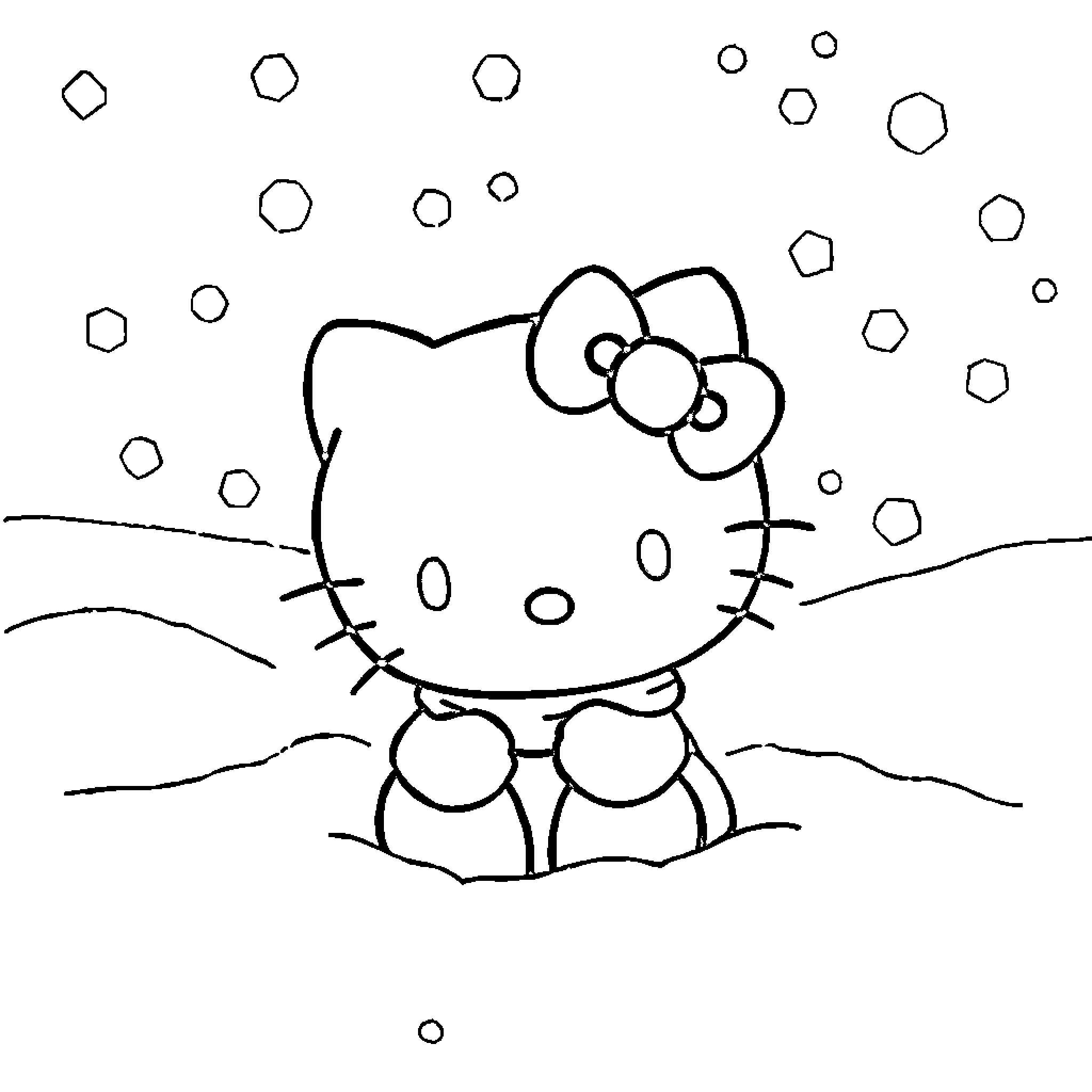 Hello Kitty enjoying a winter wonderland Coloring Page (free black-and-white line drawing printable PDF for all, from beginners to advanced learners, including children, teens, adults, and seniors)