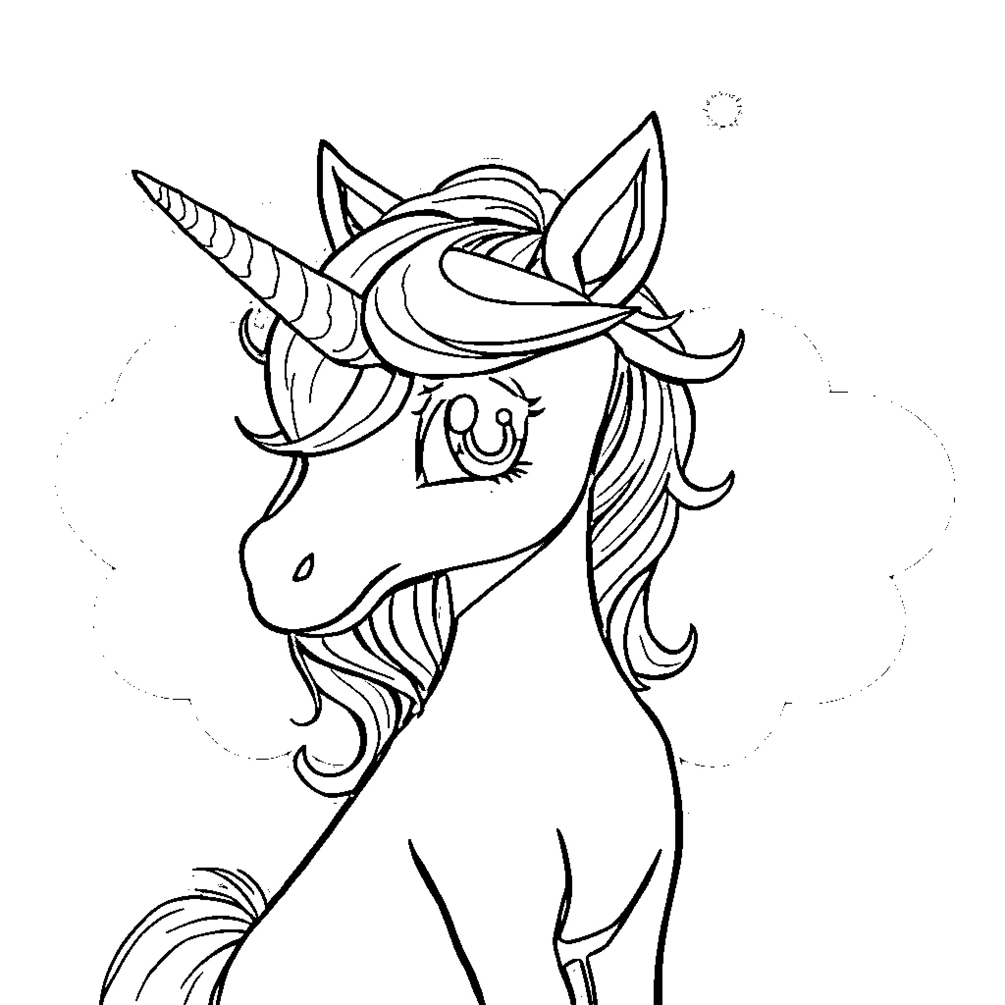 Unicorn with Magical Attire and Whimsical Expression Coloring Page (free black-and-white line drawing printable PDF for all, from beginners to advanced learners, including children, teens, adults, and seniors)