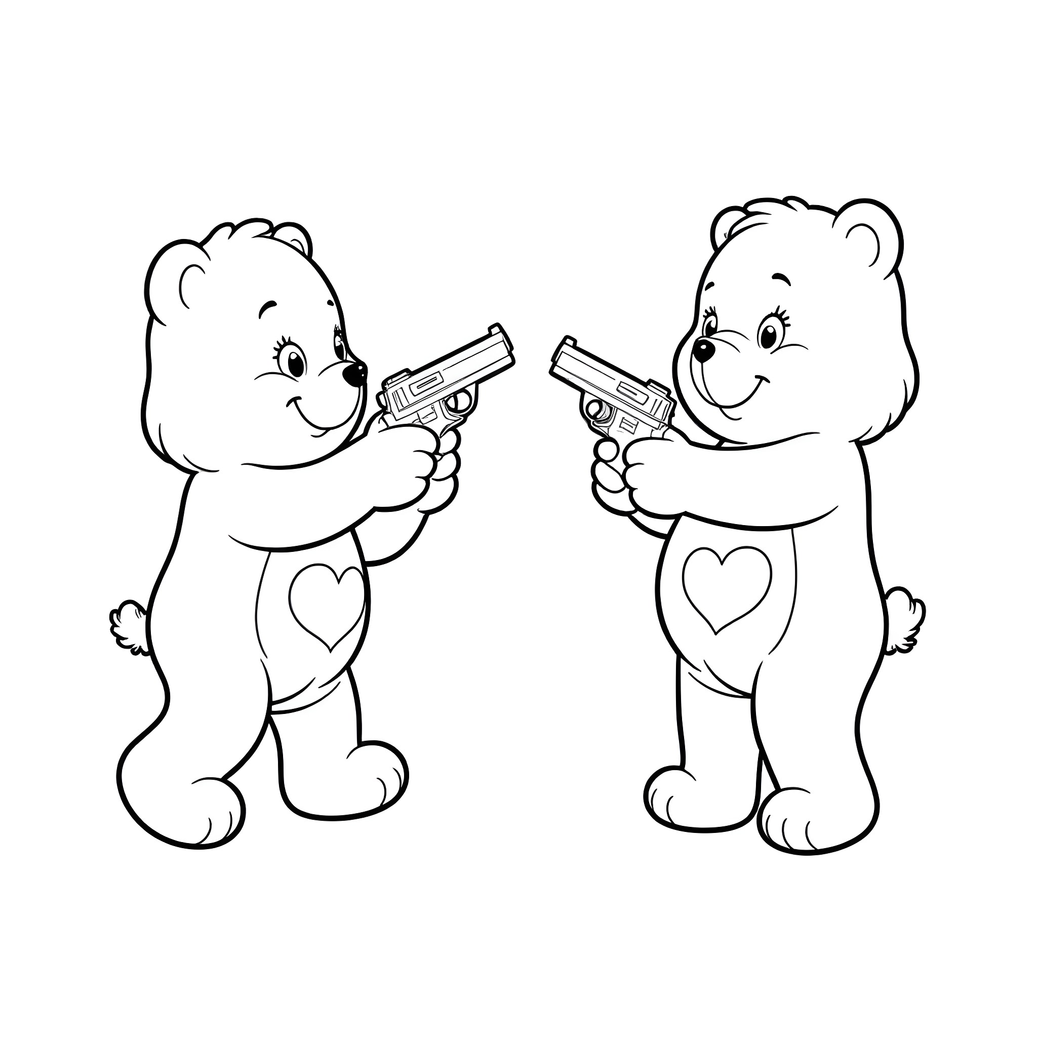 Care Bears Playfully Aiming Toy Guns Coloring Page (free black-and-white line drawing printable PDF for all, from beginners to advanced learners, including children, teens, adults, and seniors)