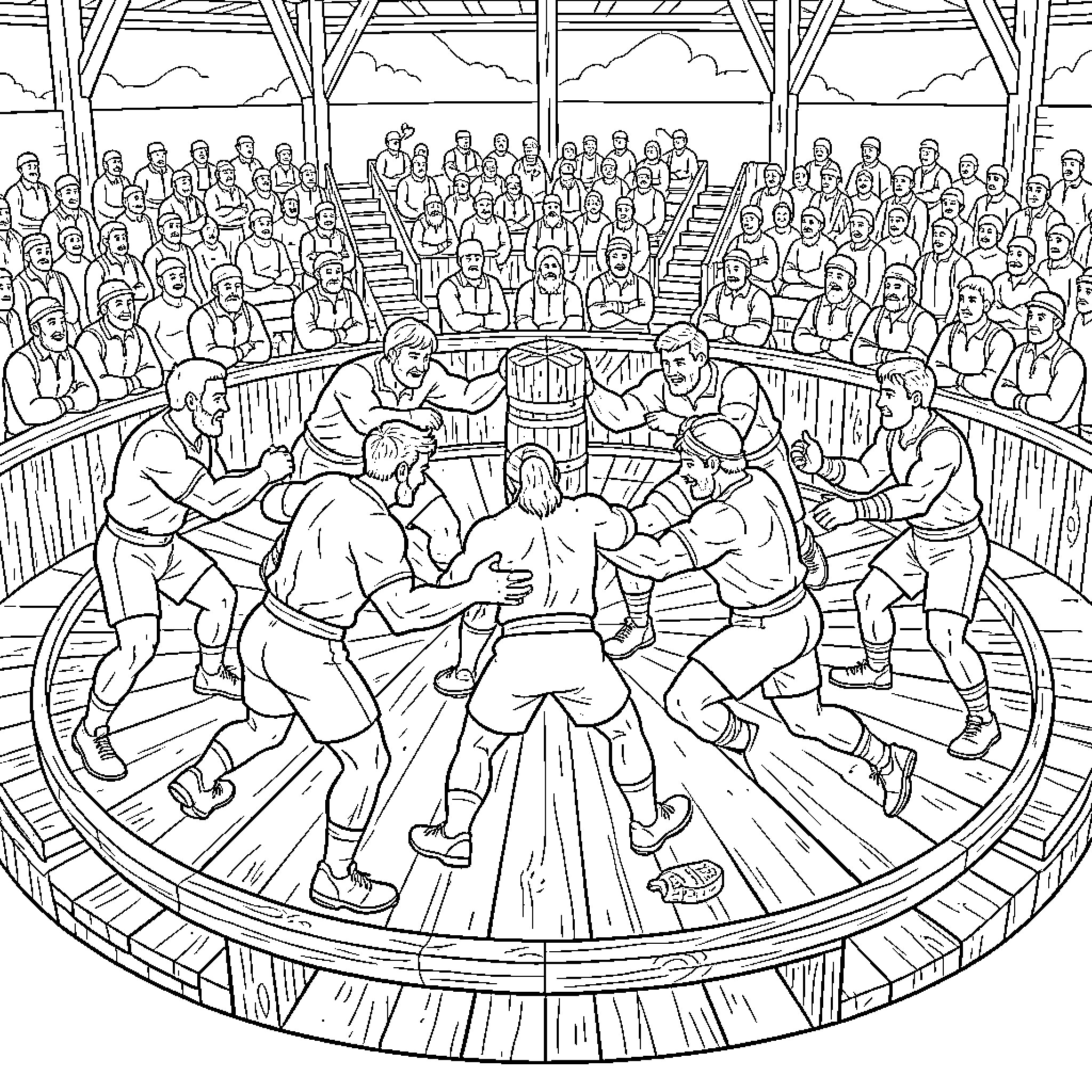 Schwingen wrestlers competing in a crowded wooden arena Coloring Page (free black-and-white line drawing printable PDF for all, from beginners to advanced learners, including children, teens, adults, and seniors)