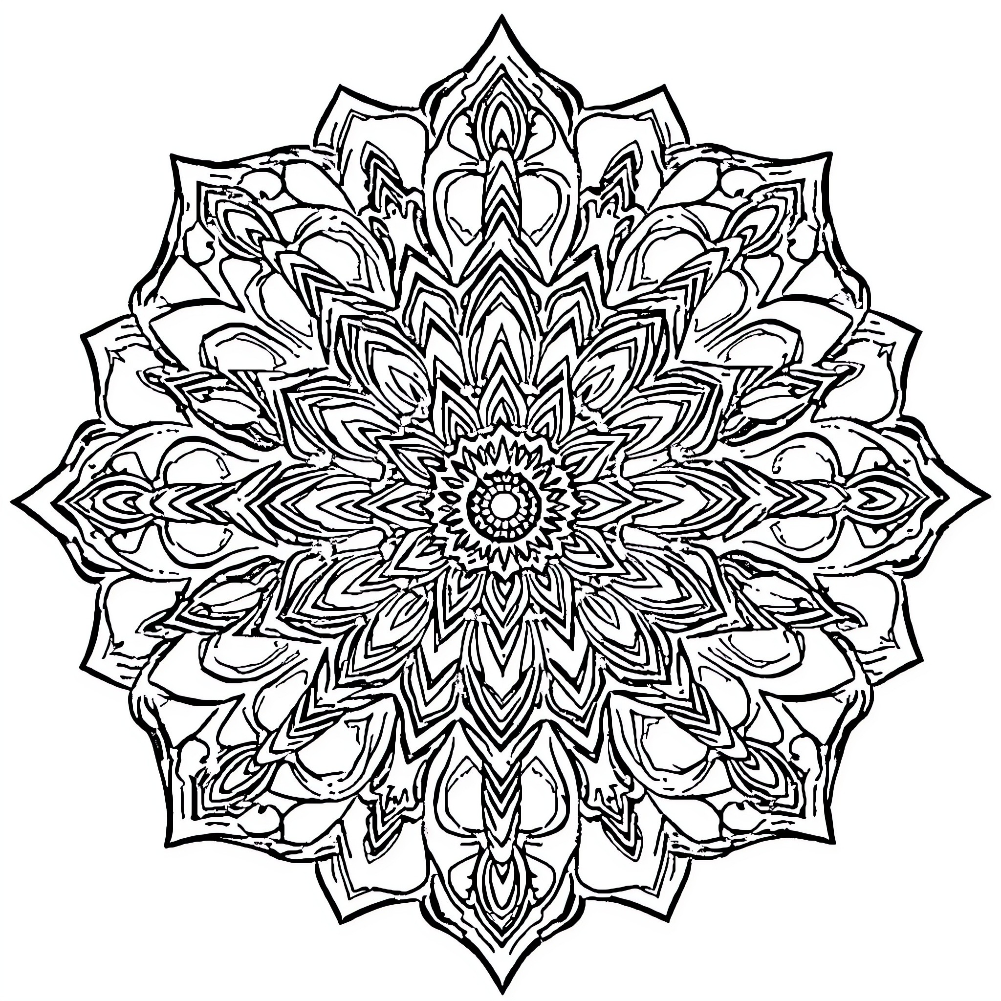 Mandala of Intricate Floral Patterns Coloring Page (free black-and-white line drawing printable PDF for all, from beginners to advanced learners, including children, teens, adults, and seniors)