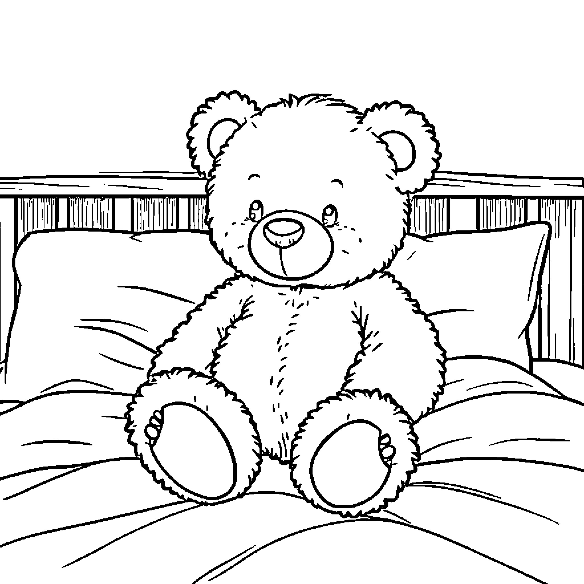 Teddy Bear sitting peacefully on a bed Coloring Page (free black-and-white line drawing printable PDF for all, from beginners to advanced learners, including children, teens, adults, and seniors)